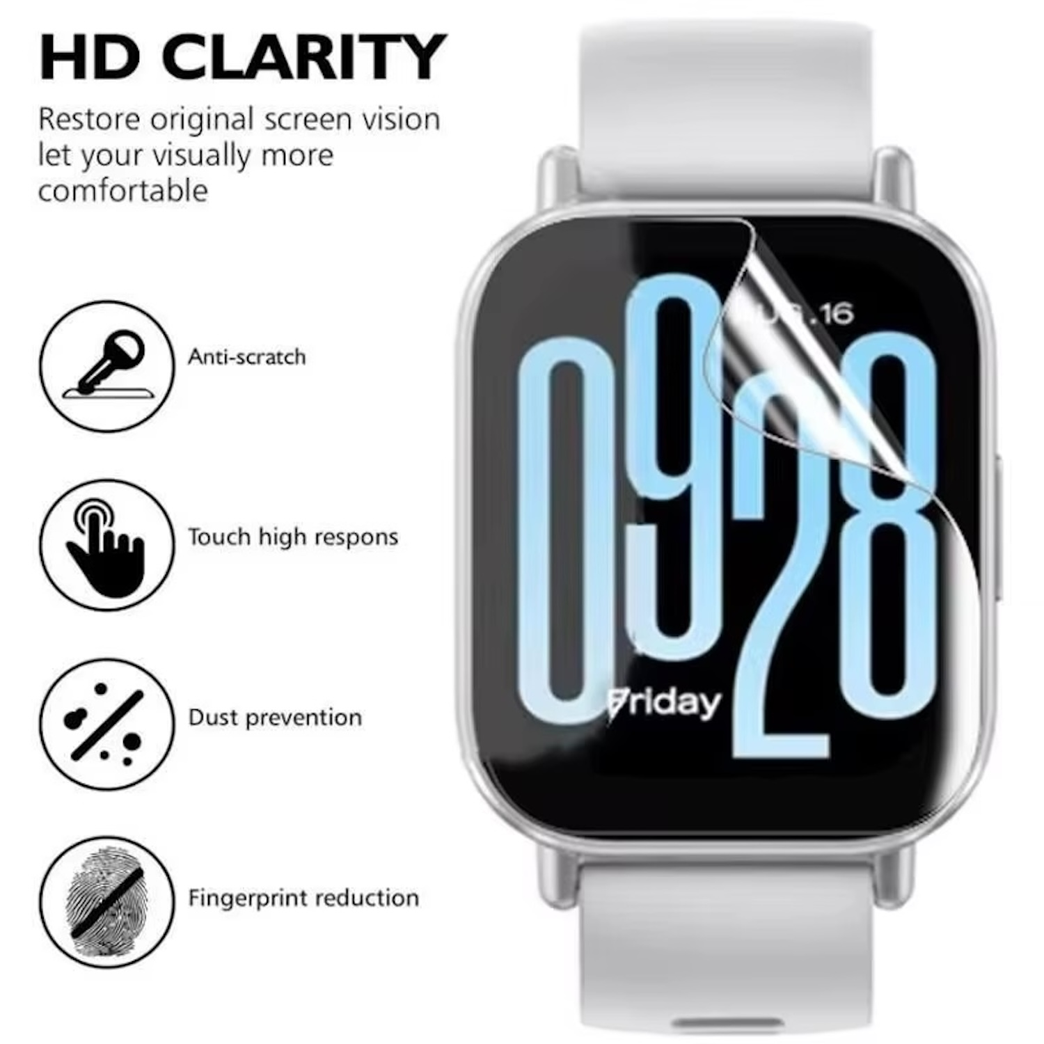 Smartwatch mit Displayschutzfolie, die Zahlen zeigt. Symbole zeigen Kratzschutz, Touch, Staubschutz.