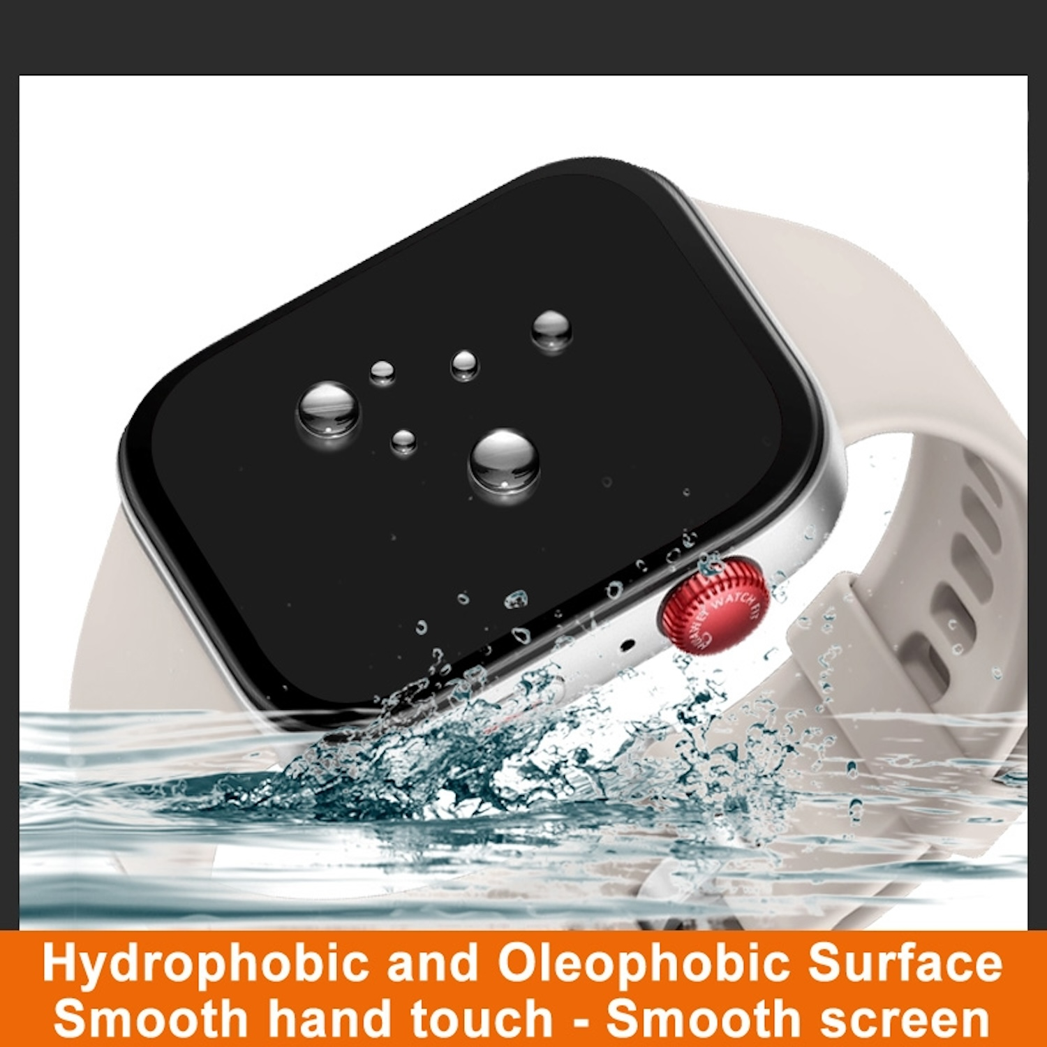 Smartwatch con schermo nero e cinturino bianco. Pulsante rosso laterale. Testo: tocco liscio, schermo liscio.