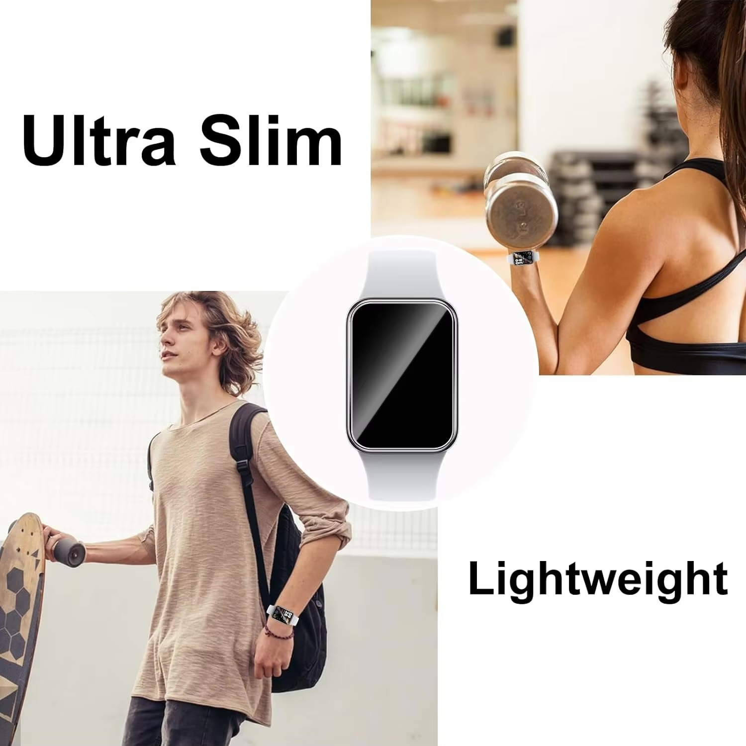 Smartwatch mit schwarzem Bildschirm, weißem Armband und Text: Ultra Slim, Lightweight. Personen im Hintergrund.
