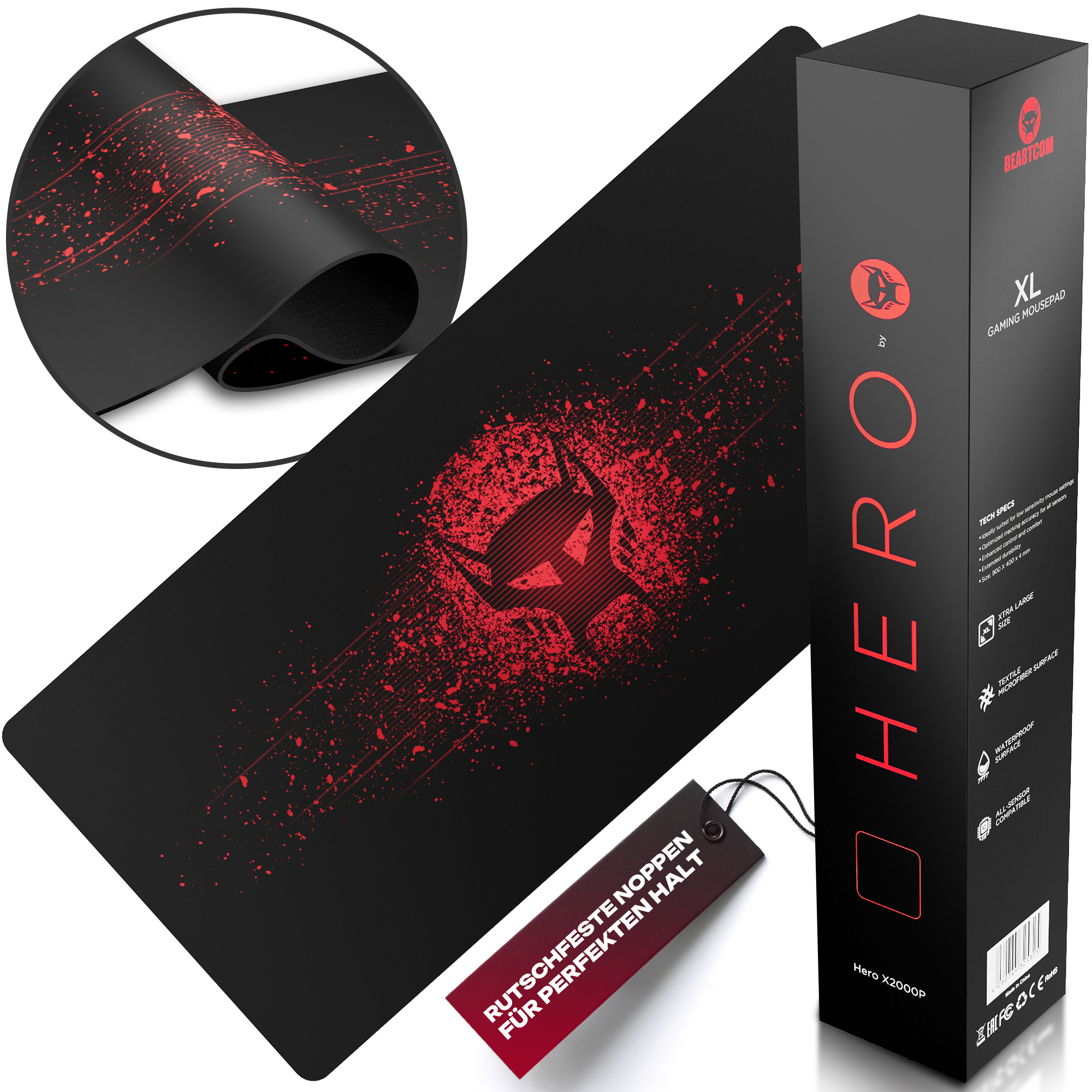 Ein schwarzes und rotes Gaming-Mauspad mit Logo und einer Box mit Text; ein Anhänger ist angebracht.