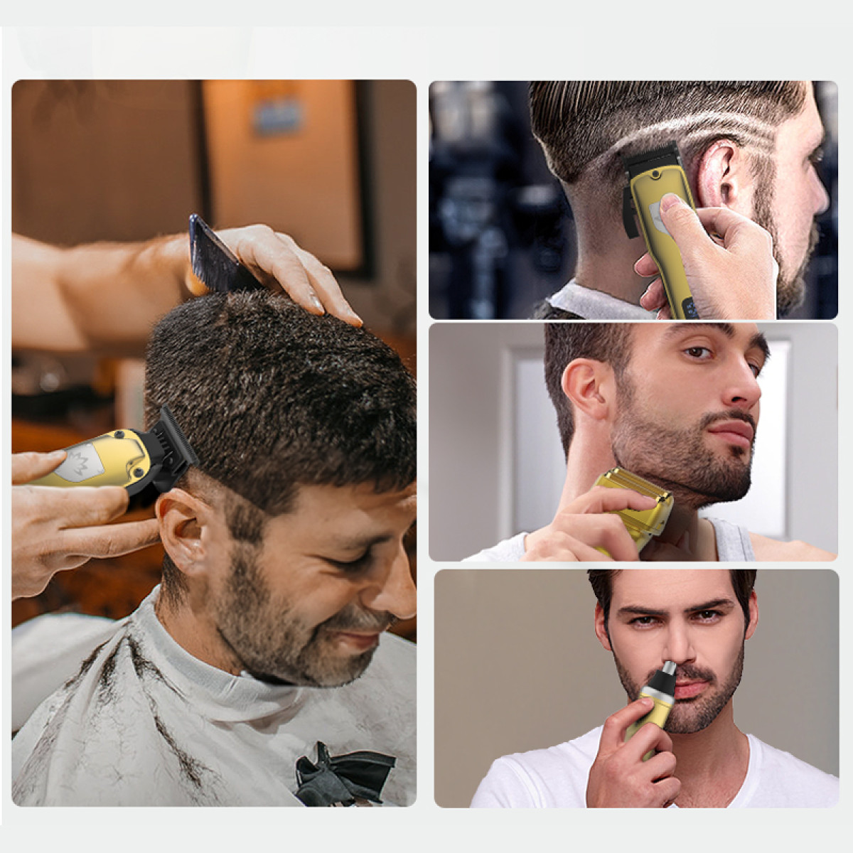 Bilder eines Mannes, der Trimmer, Haarschneider und Nasenhaartrimmer benutzt.