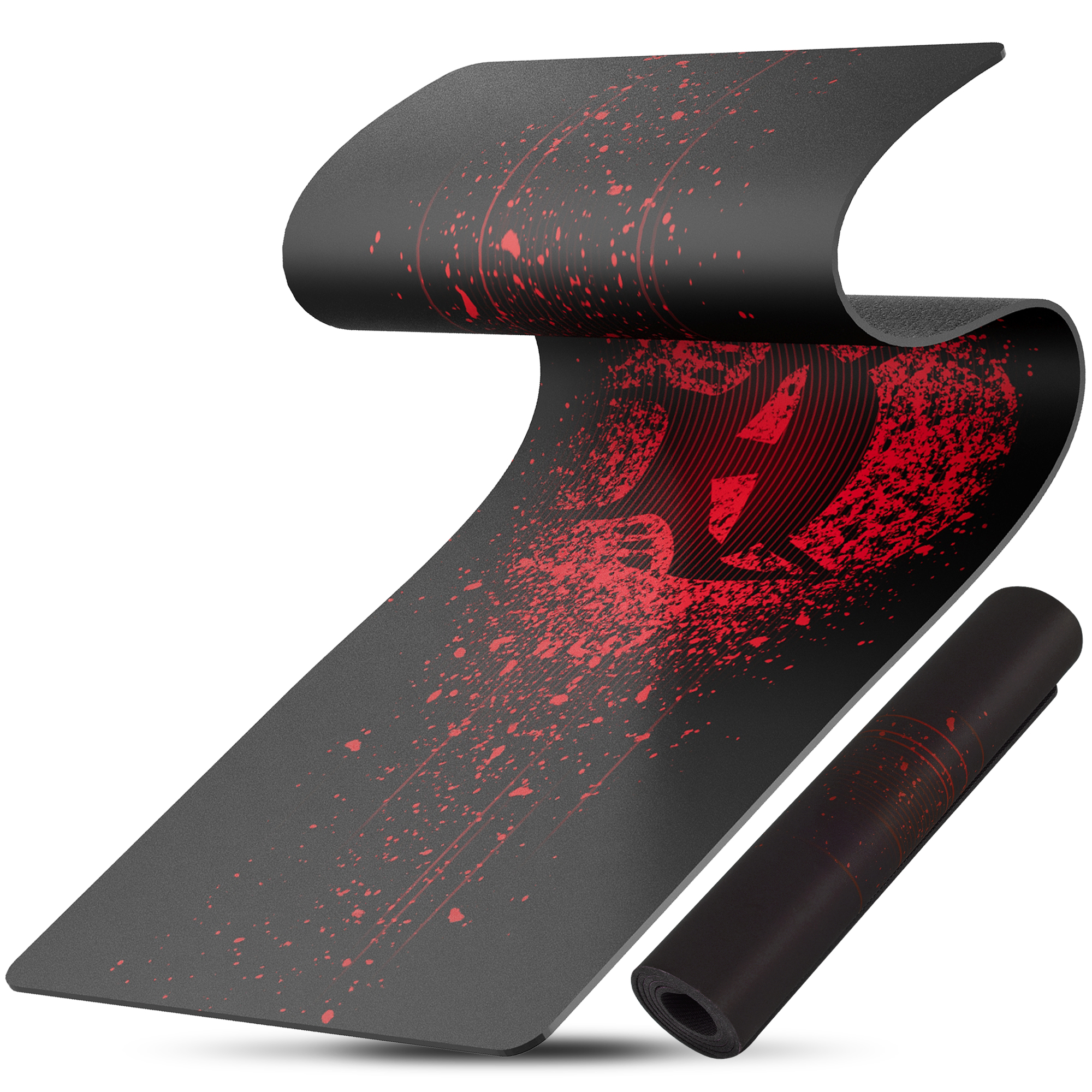 Schwarze und rote Yogamatte mit rotem Spritzdesign, aufgerollt und flach.