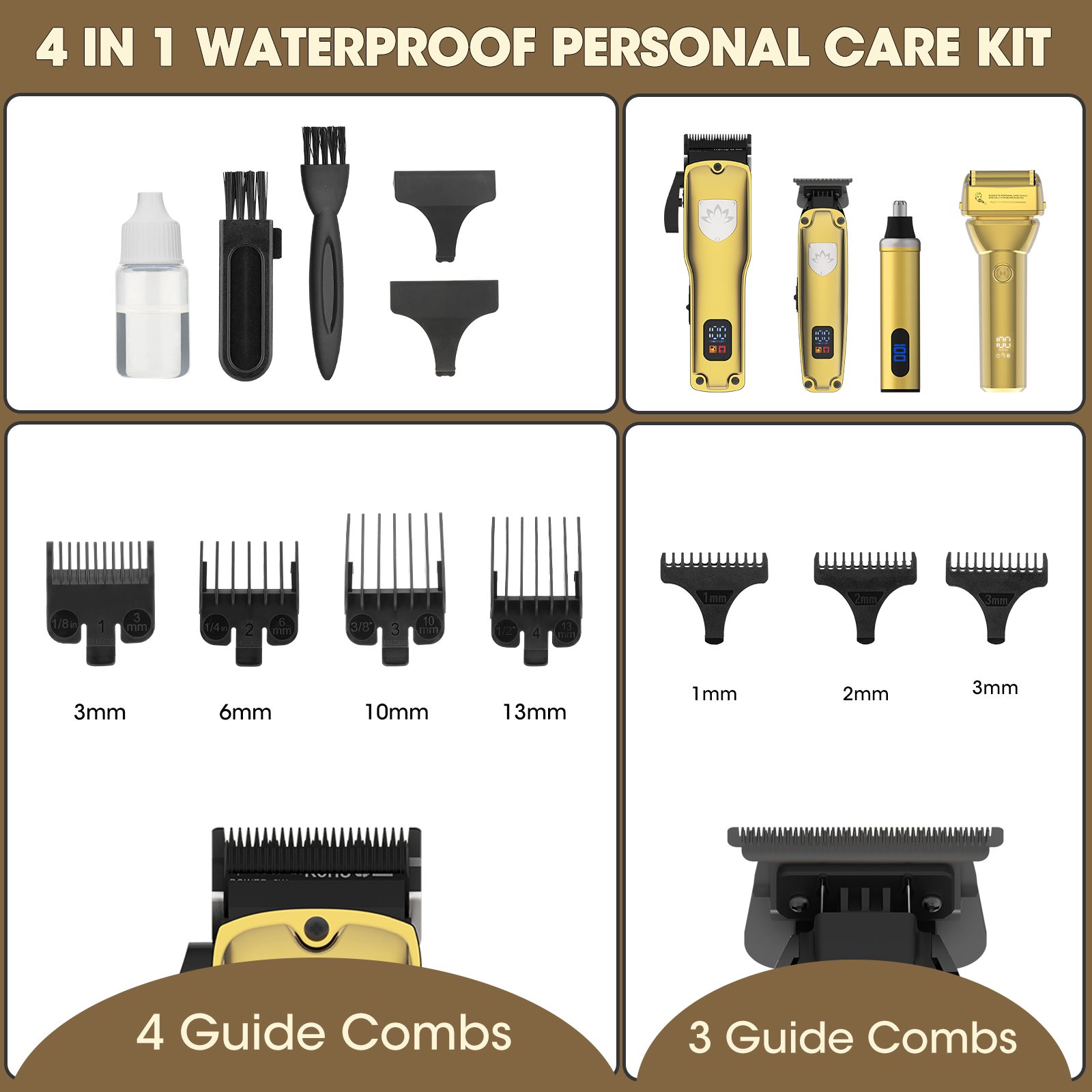 Ein wasserdichtes persönliches Pflege-Kit mit Schermaschinen und Zubehör.