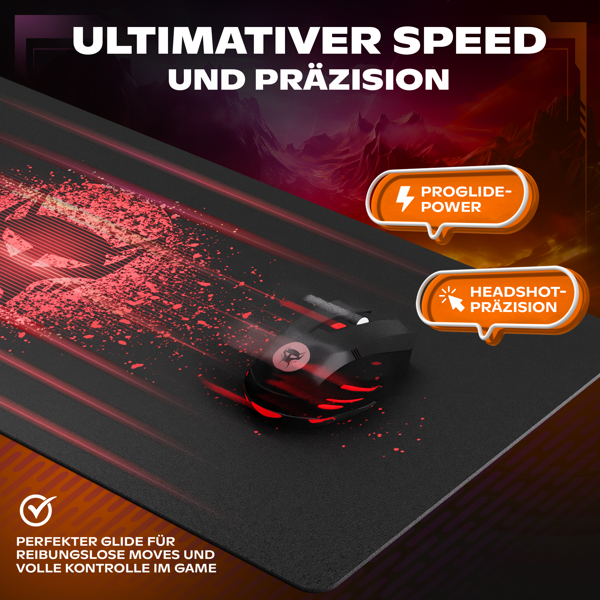 Schwarze Gaming-Maus auf rotem Mauspad. Text erwähnt 'Proglide-Power' und 'Headshot-Präzision'.
