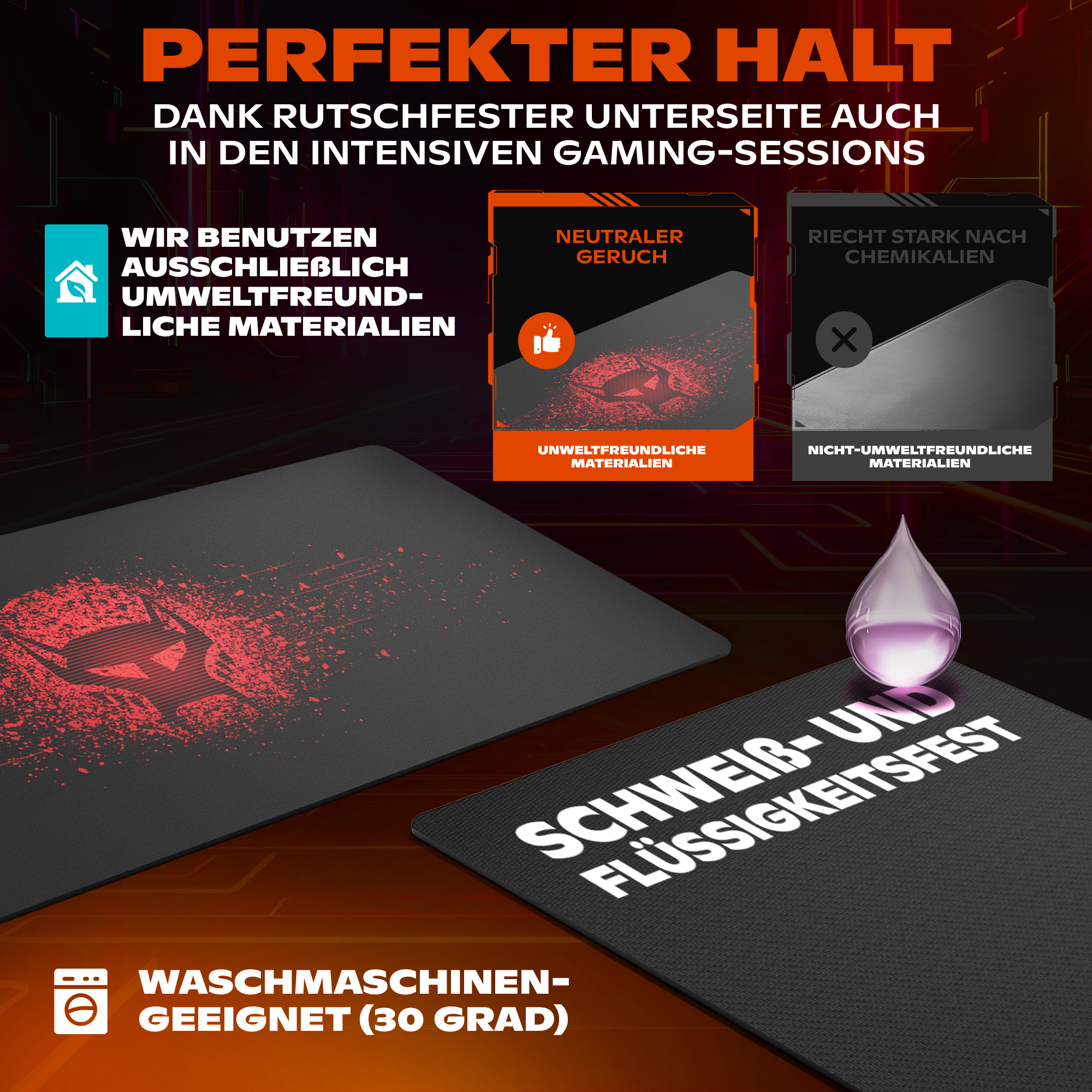 Gaming-Mauspad mit rotem Design und Warnhinweisen zu Materialien und Waschen. Das Pad ist schwarz.