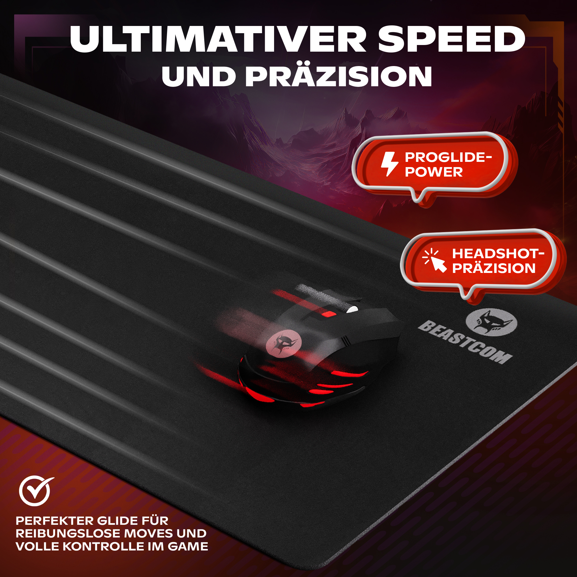 Czarna mysz na podkładce pod mysz. Tekst: 'ULTIMATIVER SPEED UND PRÄZISION'.