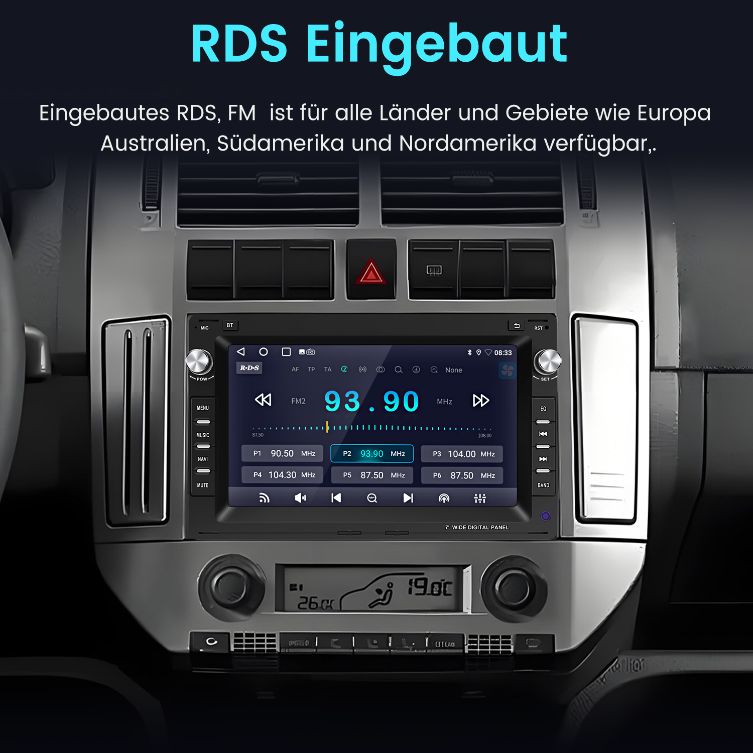 Radio samochodowe z ekranem i przyciskami. Tekst mówi RDS wbudowany i tuner FM.