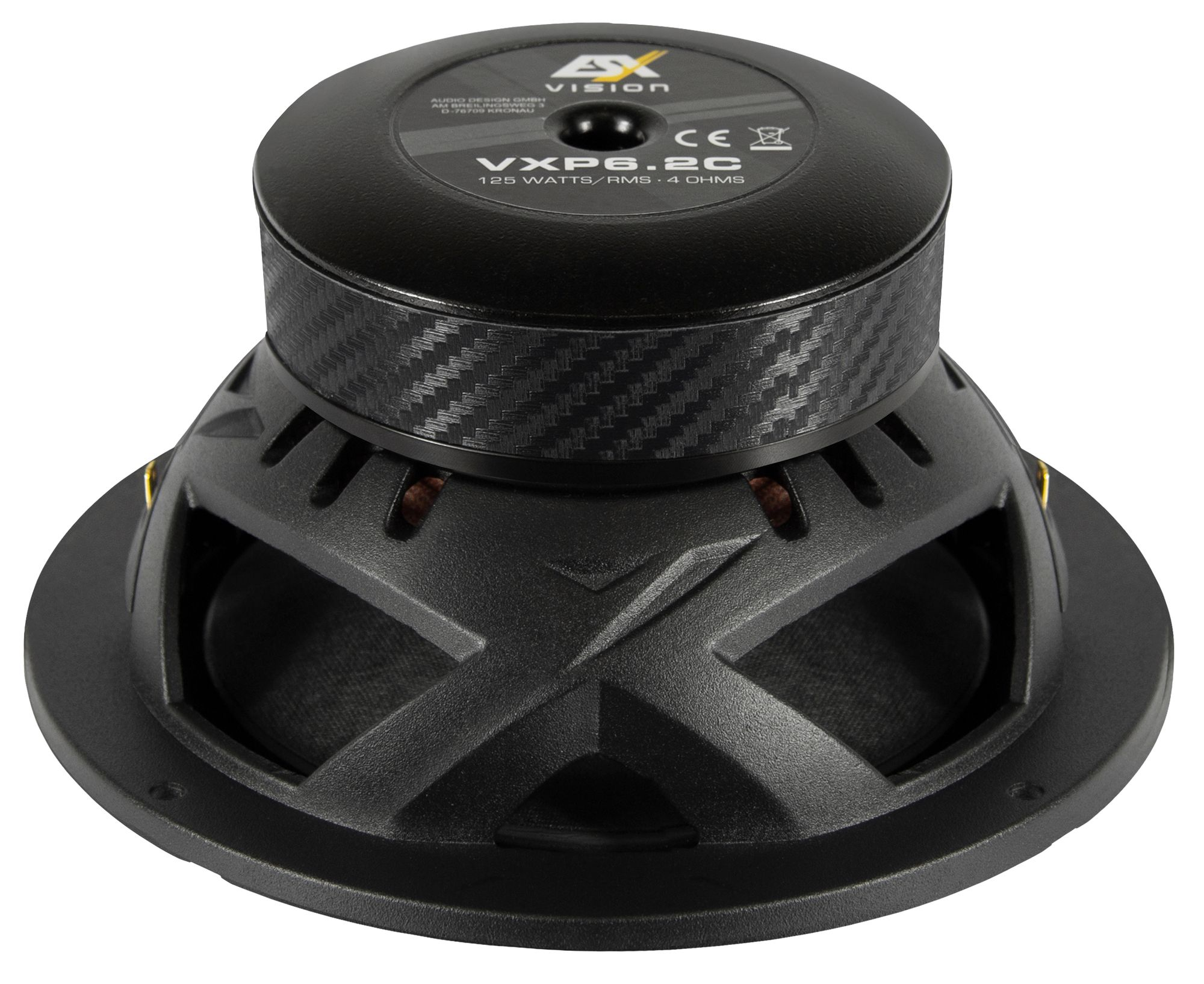 Schwarzer Subwoofer mit Carbon-Design. Der Lautsprecher hat ein markantes X-Muster.