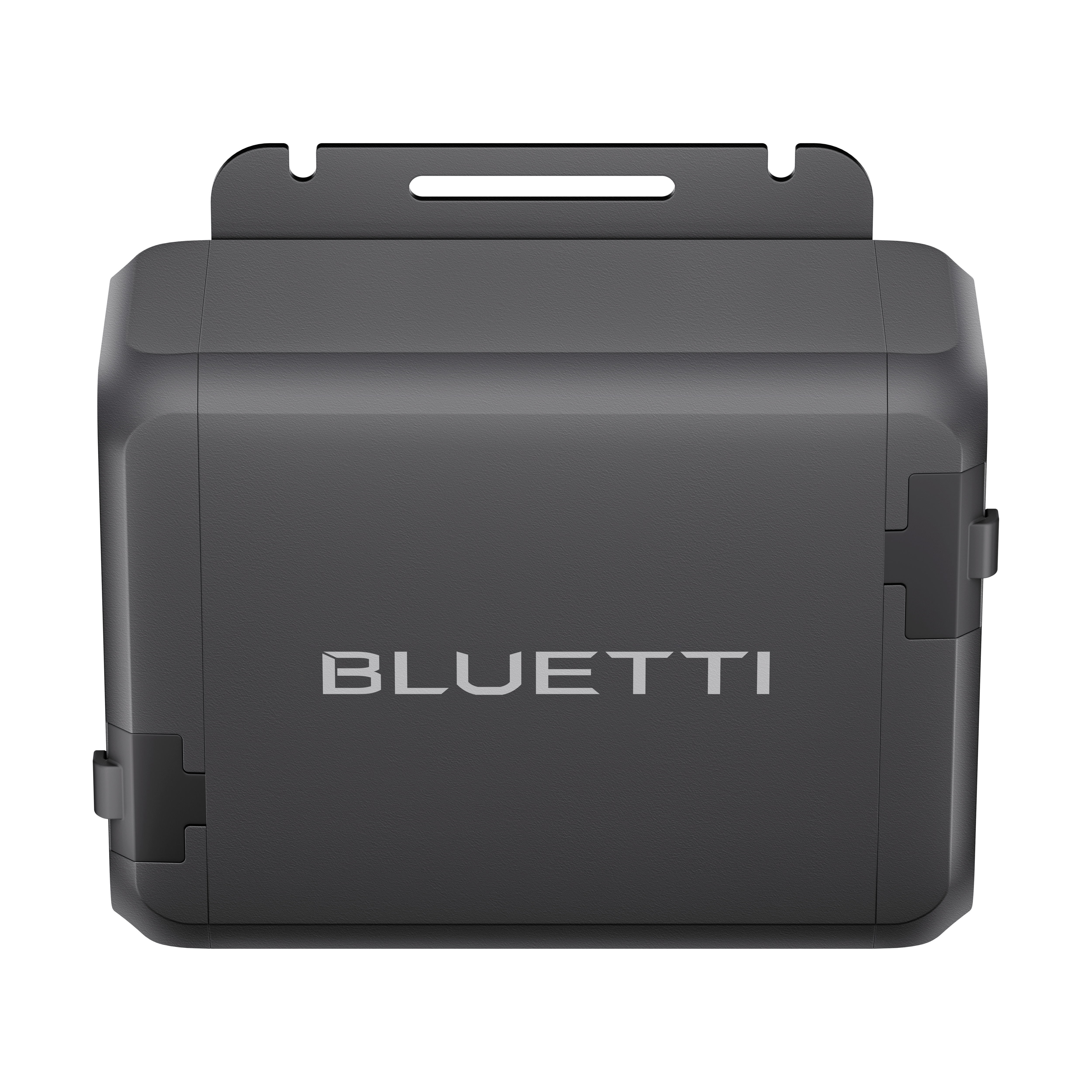 Ciemnoszare prostokątne urządzenie BLUETTI, z prostokątnym otworem u góry i logo BLUETTI.