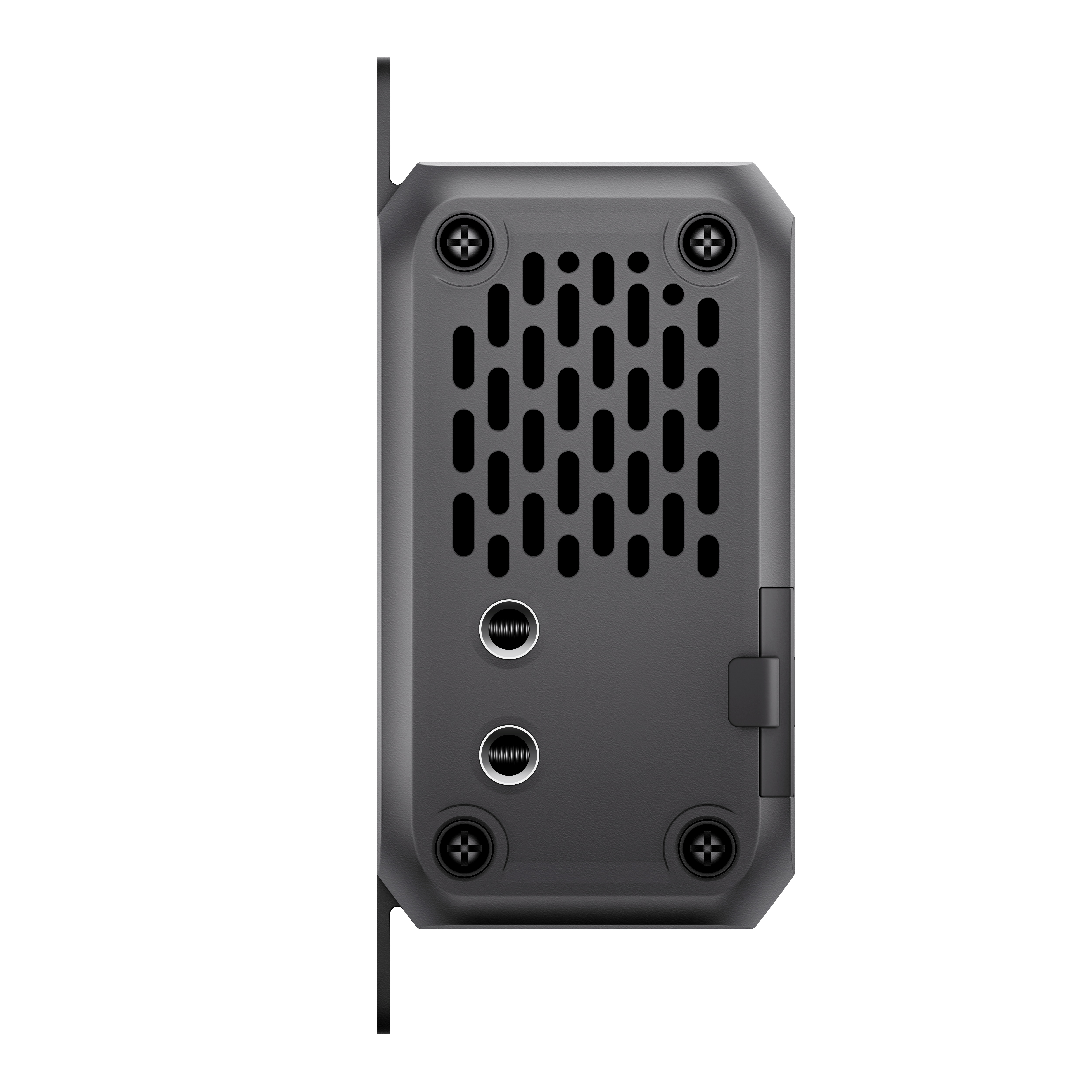 Ciemnoszare, przemysłowe urządzenie z wieloma otworami na śruby i siatką otworów.