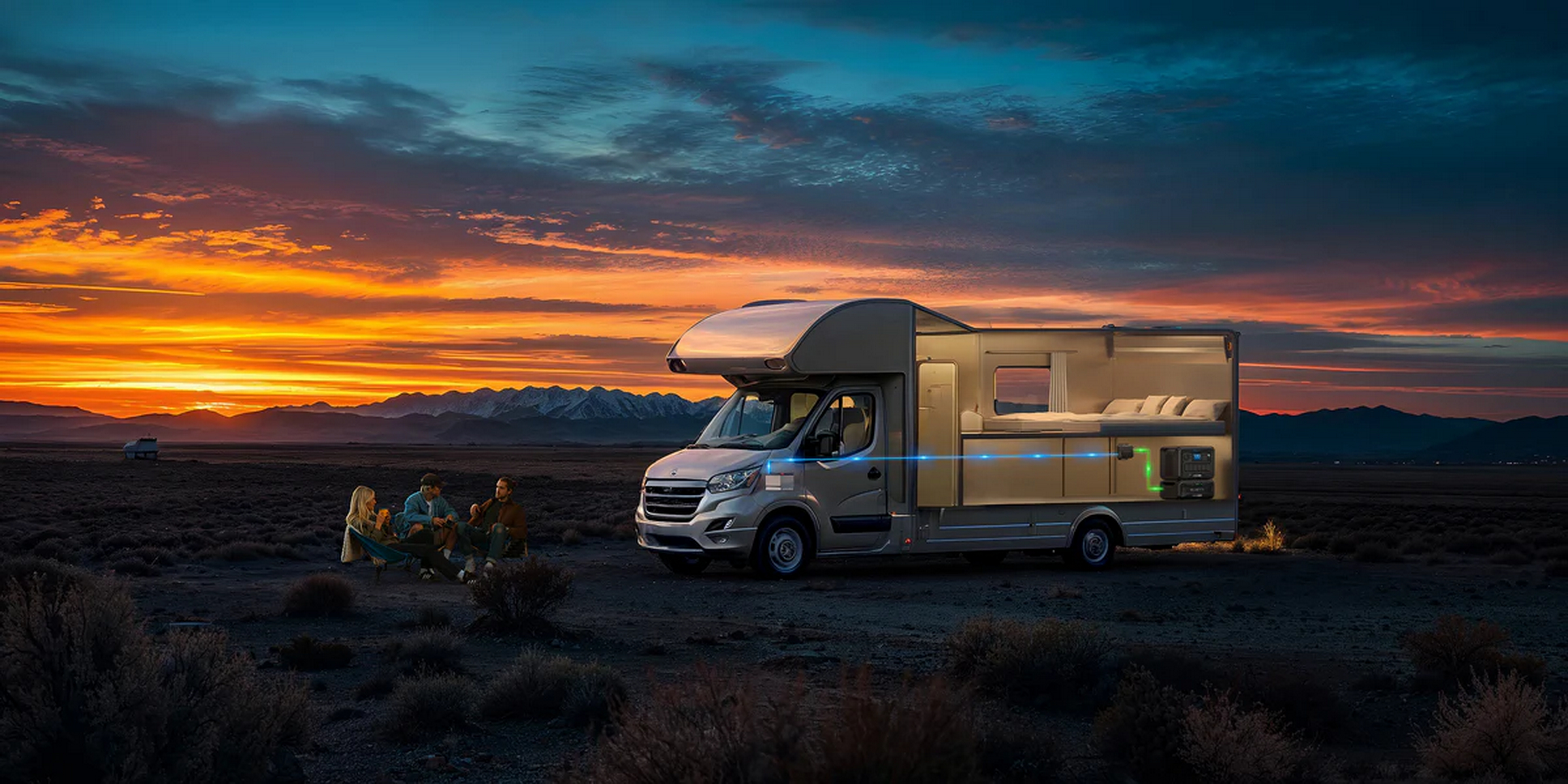 Kamper zaparkowany na polu o zachodzie słońca z ludźmi zgromadzonymi na zewnątrz.