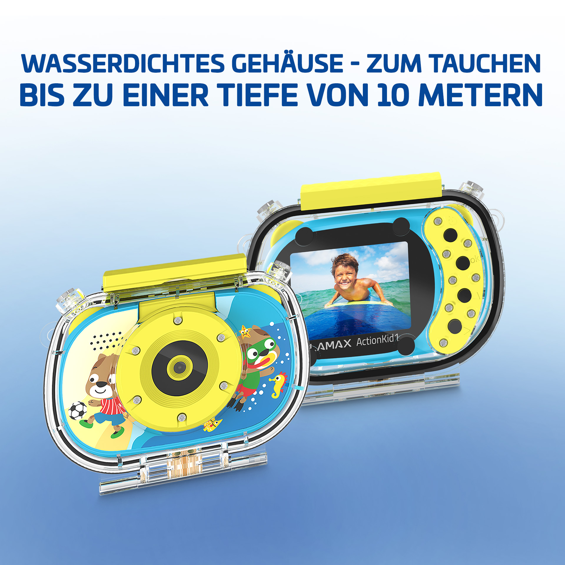 Due fotocamere impermeabili con un design a cartoni animati per bambini.