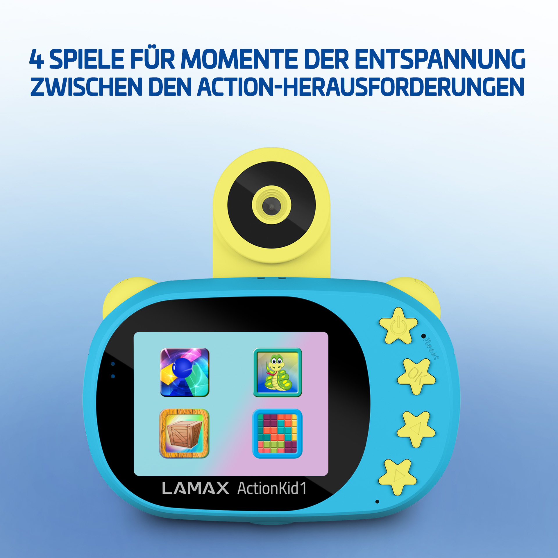 Fotocamera giocattolo blu con quattro giochi sullo schermo. Pulsanti gialli. Testo: ActionKid1 e 4 giochi per il relax.