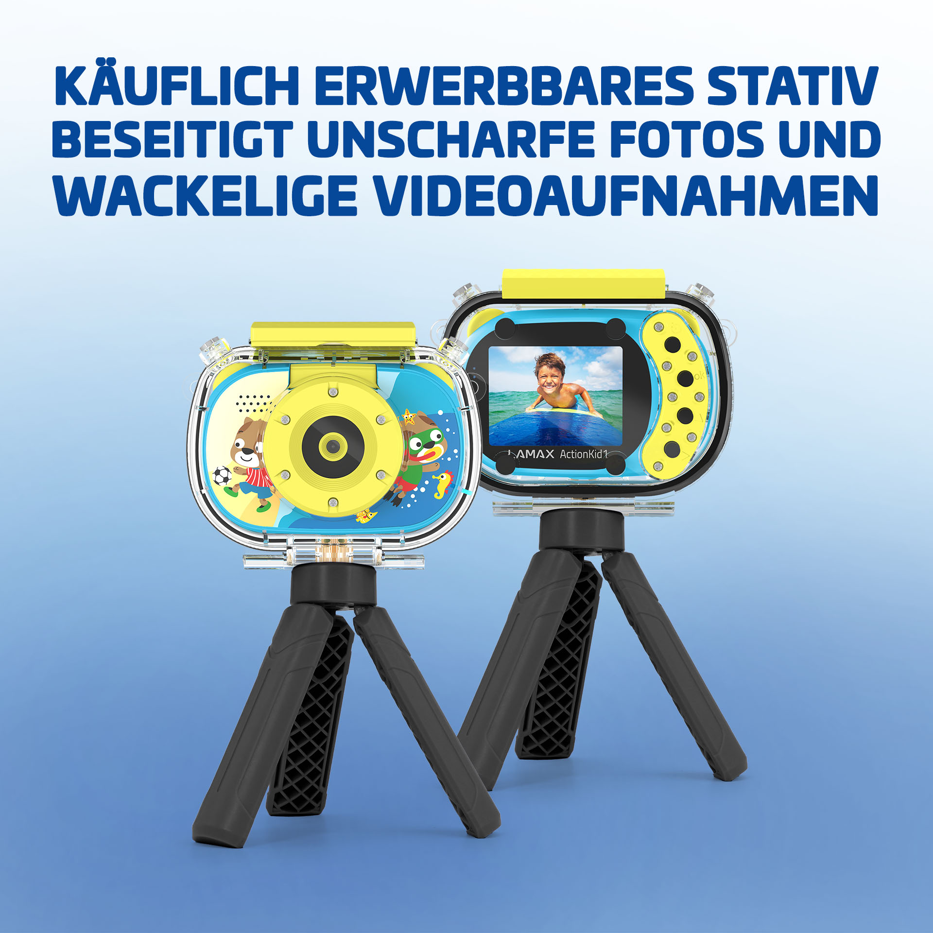 Due action cam gialle con supporti. Il testo afferma che eliminano foto sfocate e video tremolanti.