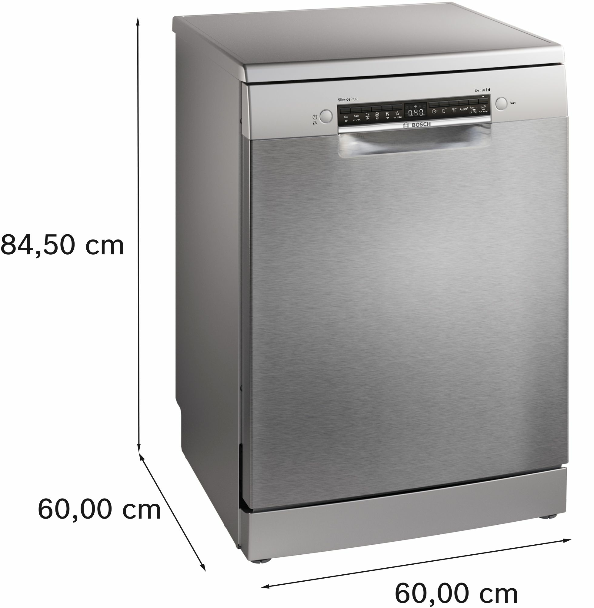 Una lavastoviglie Bosch in acciaio inox con misure in centimetri.
