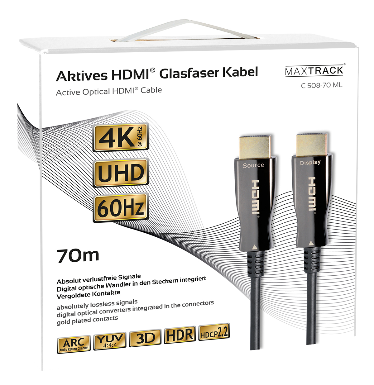 Box mit HDMI-Kabeln. Auf der Box steht 'Aktives HDMI Glasfaserkabel'. Kabel sind schwarz.