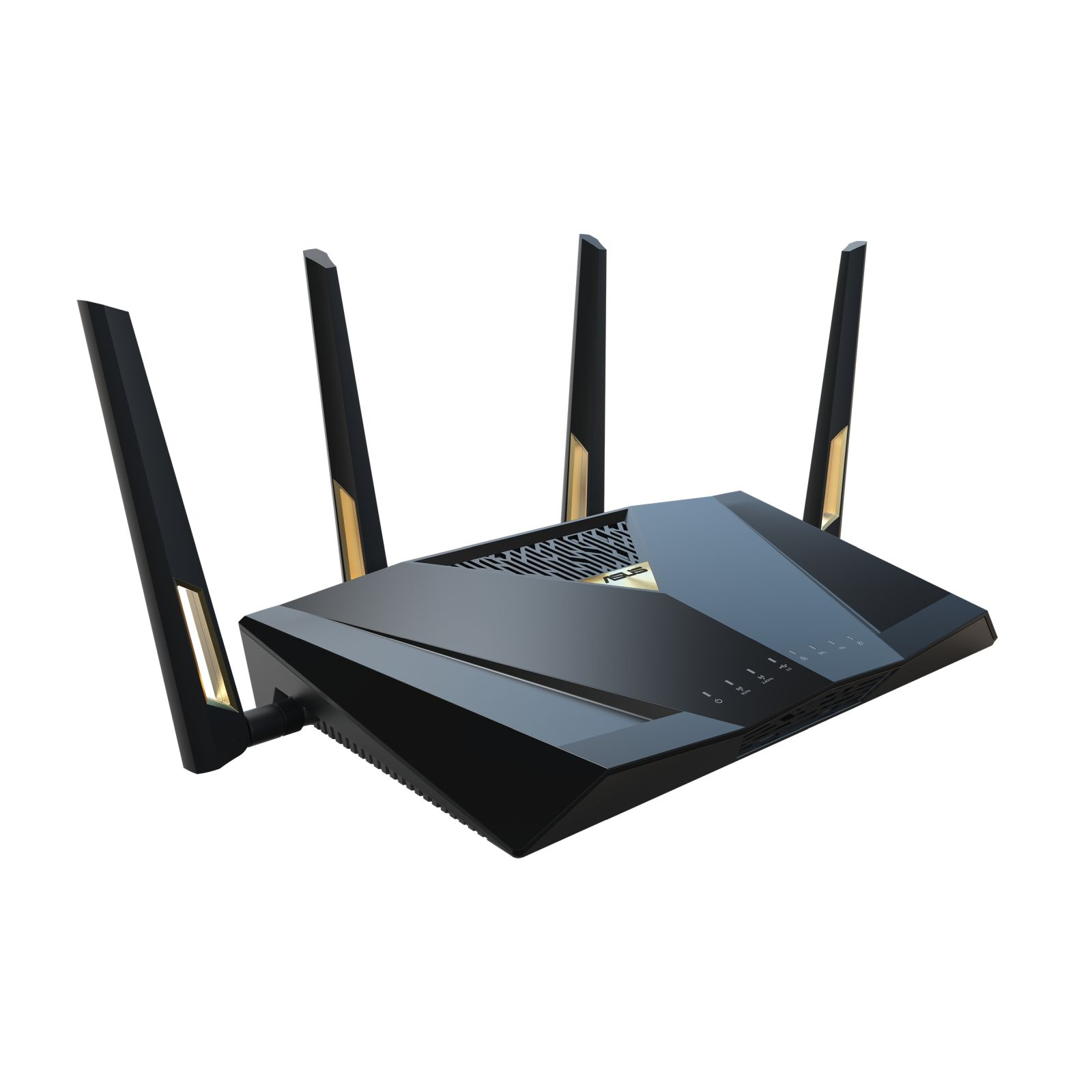 Schwarzer Router mit Antennen. Der Router steht auf einer weißen Oberfläche. Er hat vier Antennen.