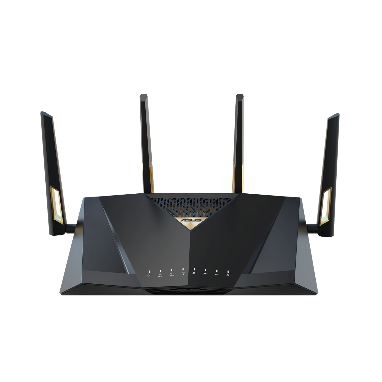 Schwarzer ASUS-Router mit 4 Antennen. Frontplatte mit Anzeigen.
