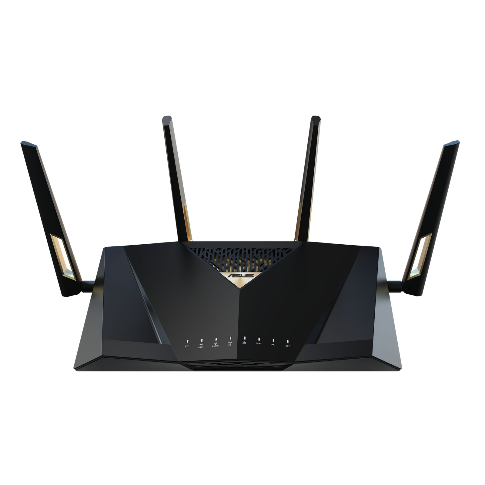 Schwarzer ASUS-Router mit vier Antennen. Die Front zeigt verschiedene Kontrollleuchten und das ASUS-Logo.
