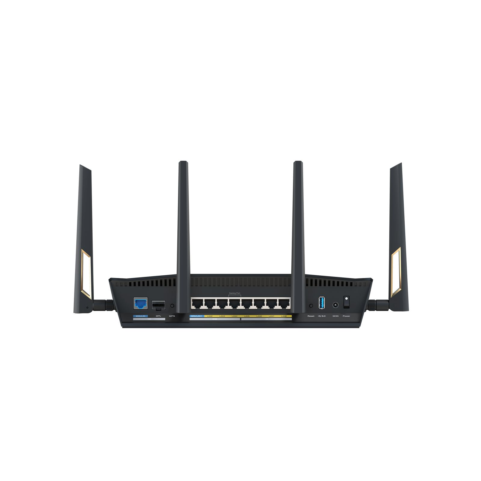 Rückansicht eines schwarzen Routers mit Antennen und Anschlüssen auf Weiß.