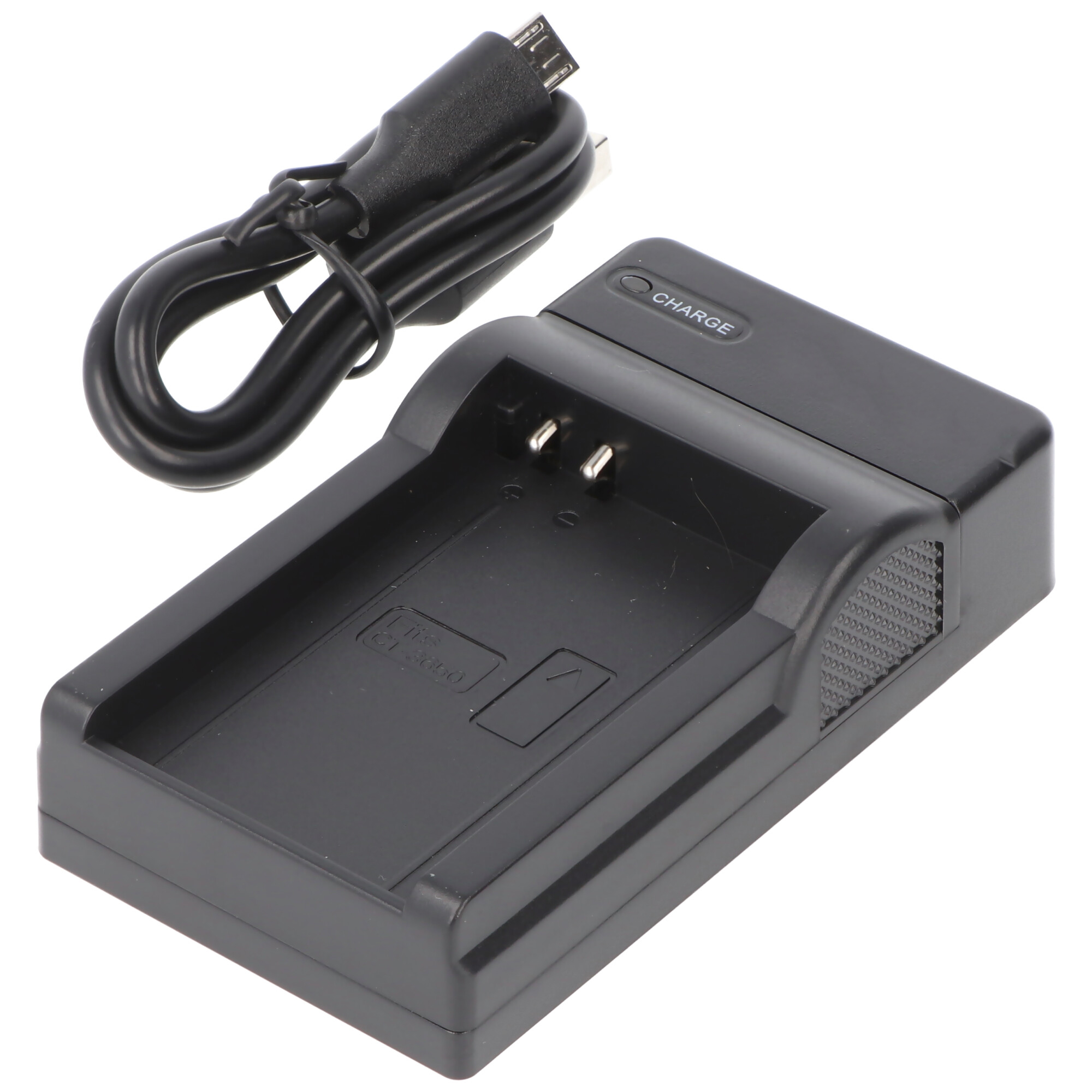 Zwarte camera oplader met een USB-kabel.