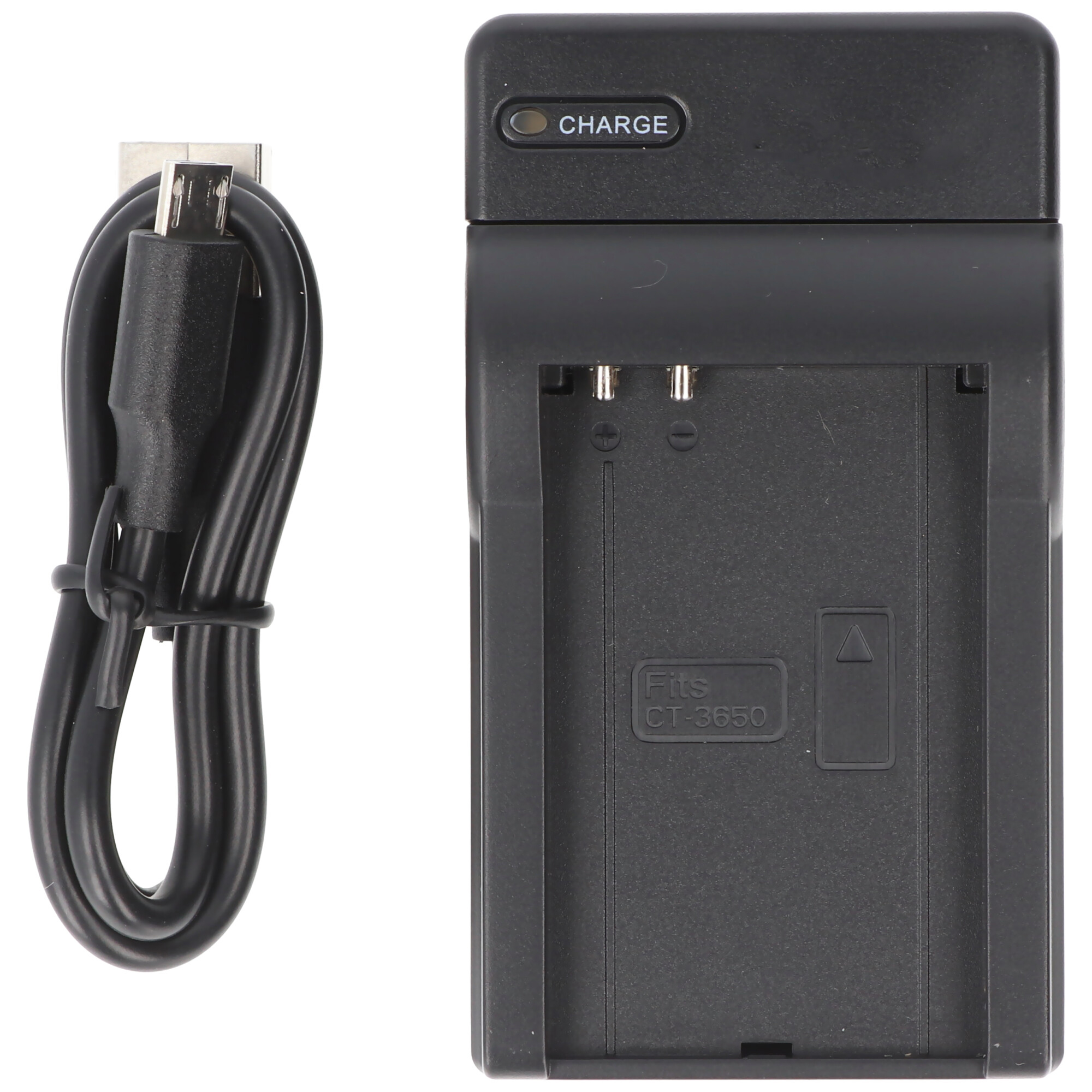 Zwarte oplader met kabel en oplaadpoort.