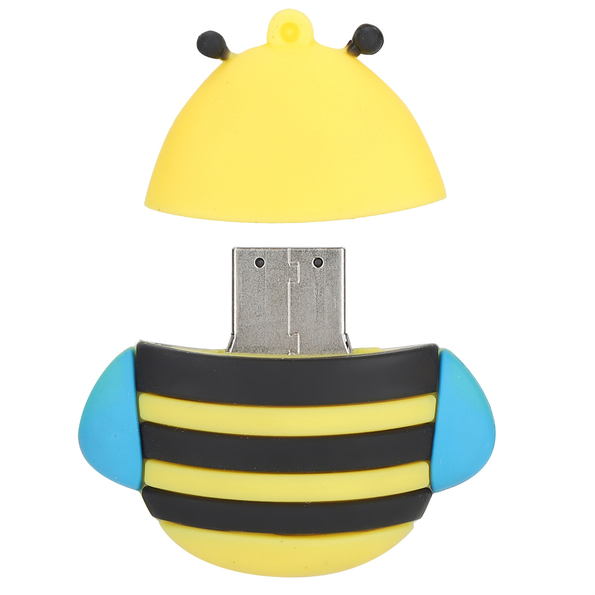 Ein gelb-schwarzer USB-Stick in Bienenform. Der obere Teil ist offen.