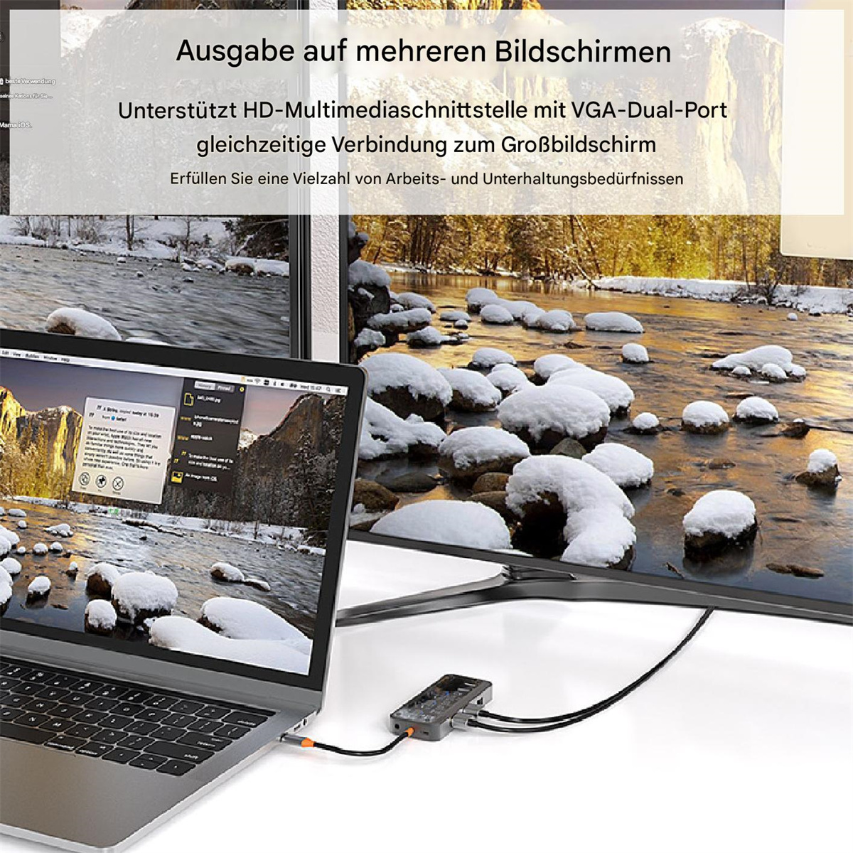 Laptop- und Fernsehbildschirm, die eine Flussszene anzeigen. Ein schwarzes Gerät ist mit beiden verbunden.