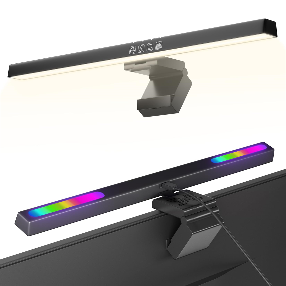 LED-Schreibtischlampe, schwarz, am Monitor befestigt, oben und unten beleuchtet.