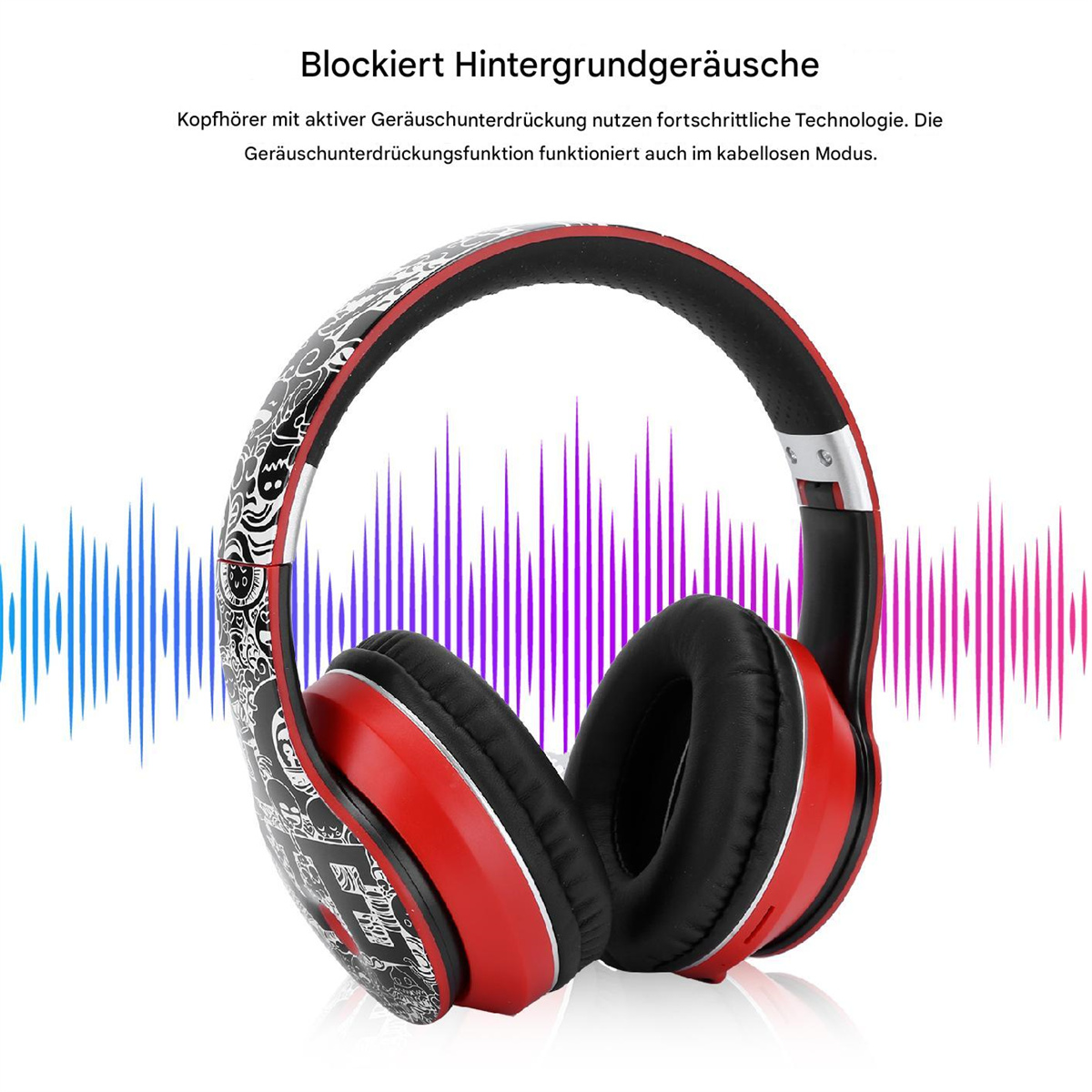 Rote und schwarze Kopfhörer mit Geräuschunterdrückung. Eine Schallwellengrafik befindet sich dahinter.