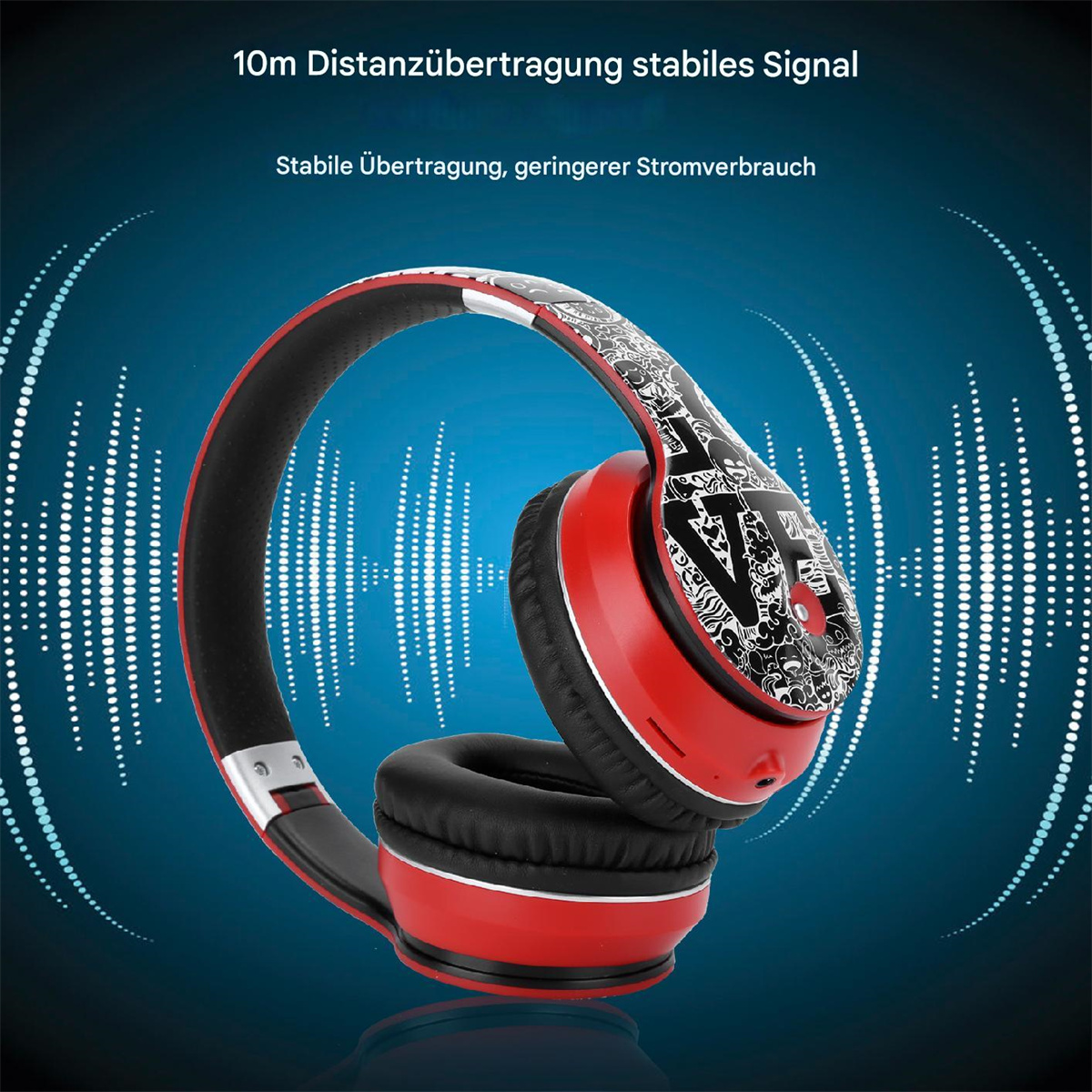 Rote und schwarze Kopfhörer mit Text, auf blauem Hintergrund mit Schallwellen-Grafiken.