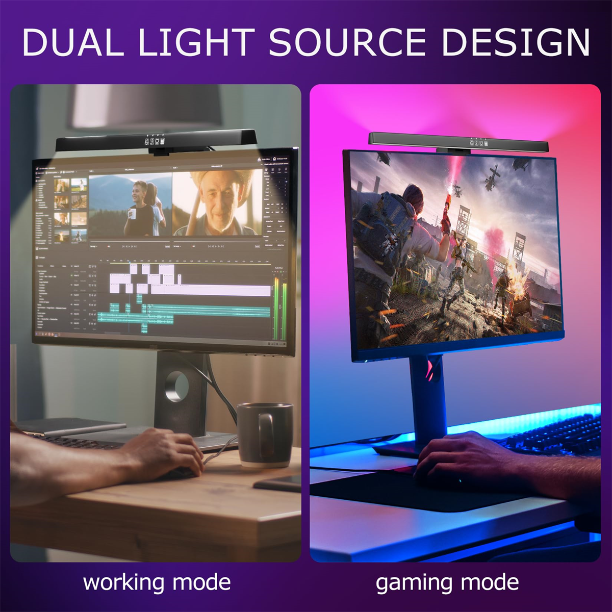 Zwei Monitore mit Lichtern, einer im Arbeitsmodus und einer im Spielmodus.