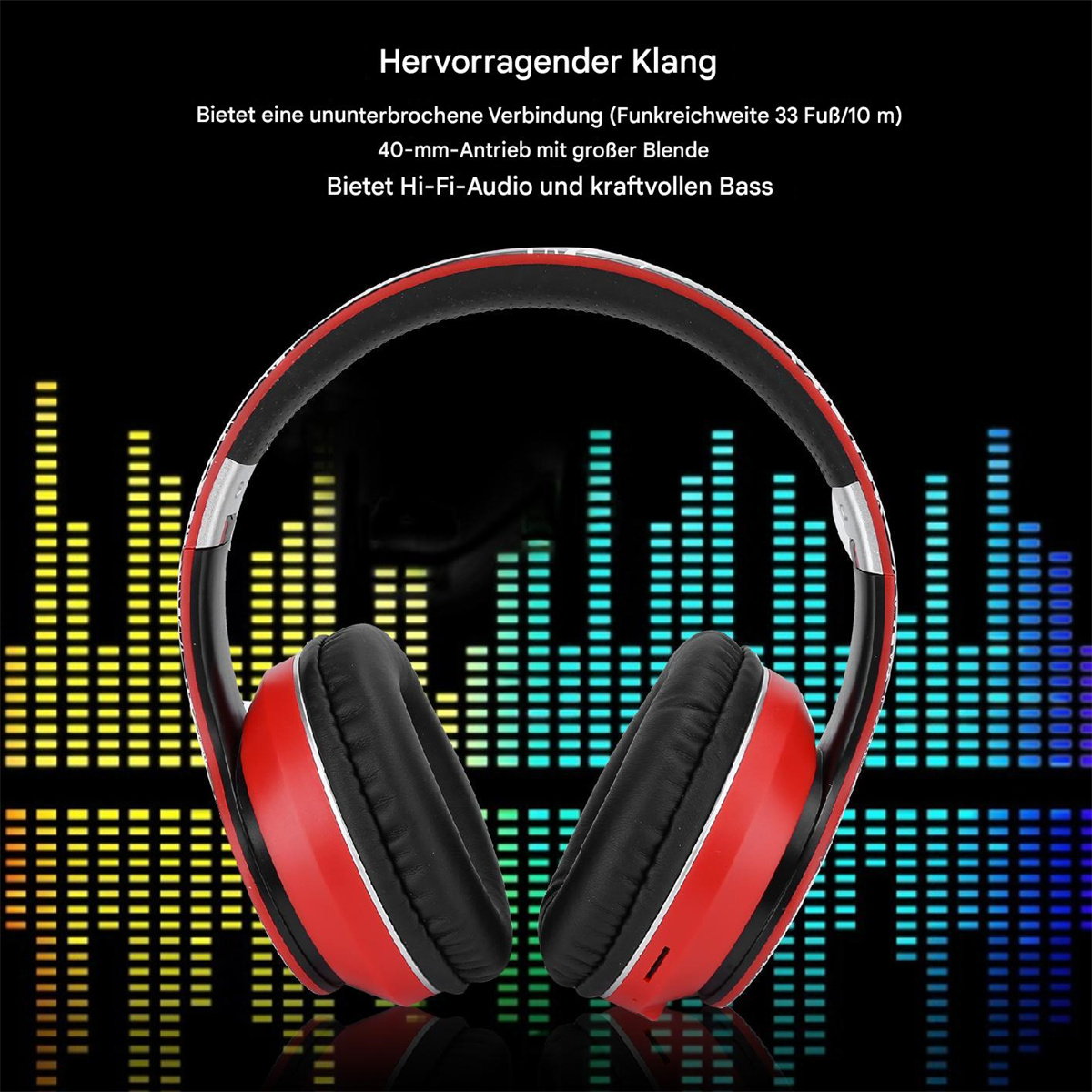 Rote und schwarze Kopfhörer mit einer Schallwellengrafik, auf schwarzem Hintergrund mit deutschem Text.