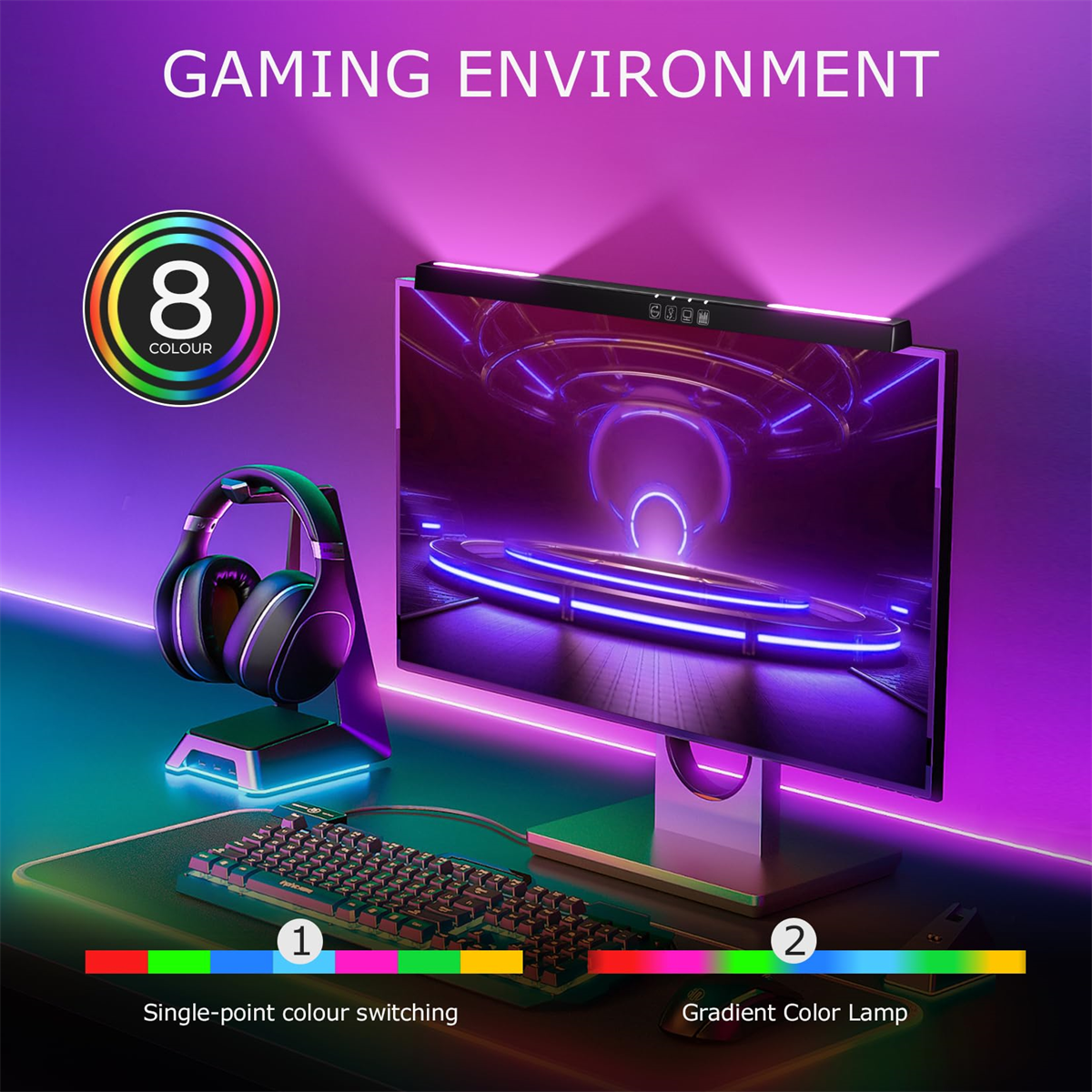 Ein Gaming-Setup mit Monitor, Tastatur und Kopfhörern. Das Setup hat mehrere Farben.