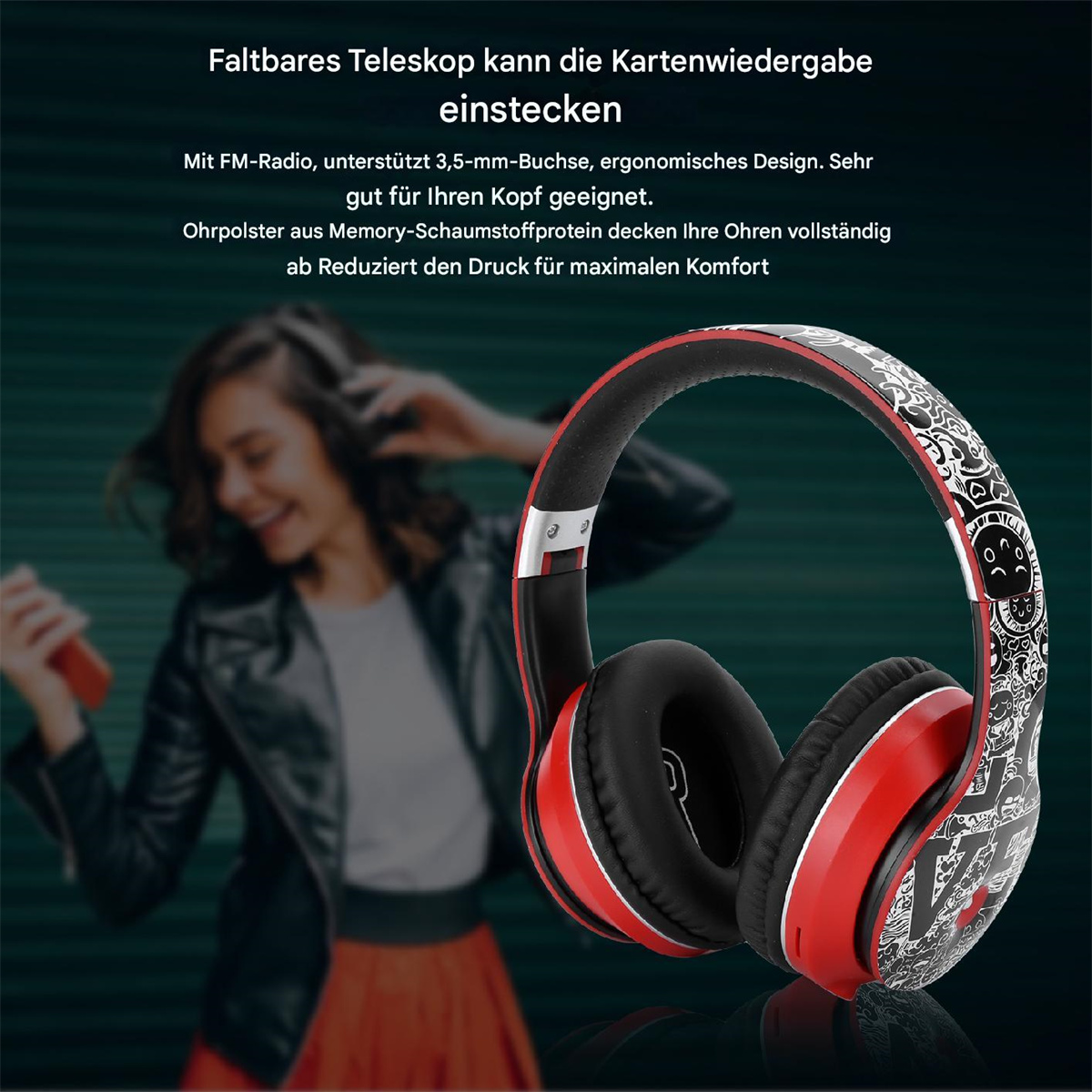Rote Kopfhörer mit schwarzen Ohrmuscheln, eine lächelnde Frau im Hintergrund und Produkttext.