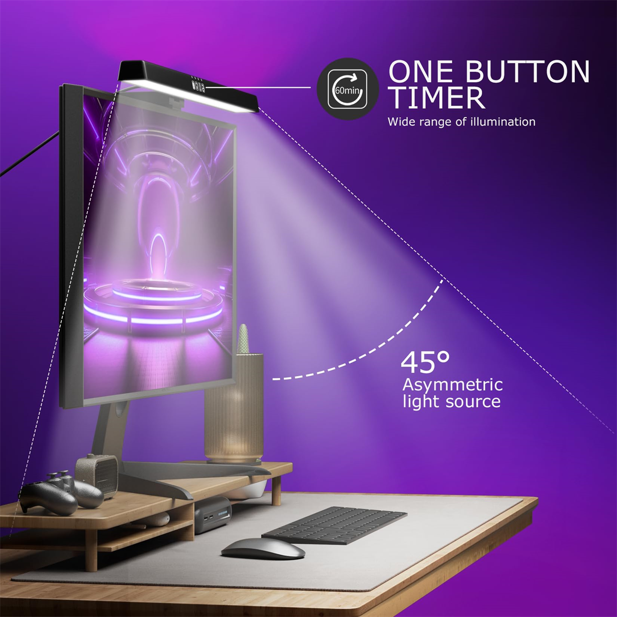 Ein Schreibtisch mit Monitor und Schreibtischlampe, die violettes Licht aussendet. Die Lampe hat einen Timer und ist um 45 Grad abgewinkelt.