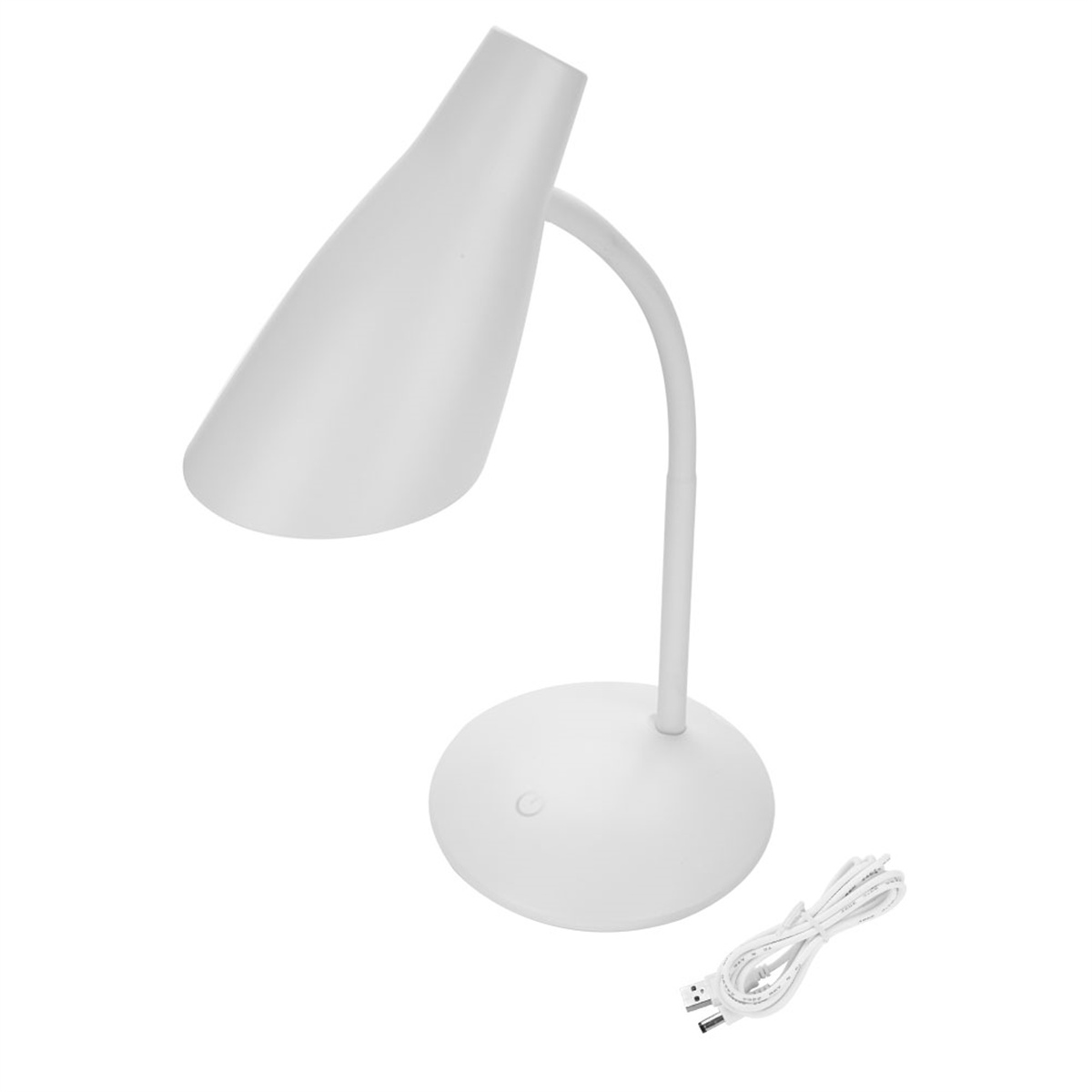 Weiße Schreibtischlampe mit gebogenem Hals und Fuß, Netzkabel sichtbar.