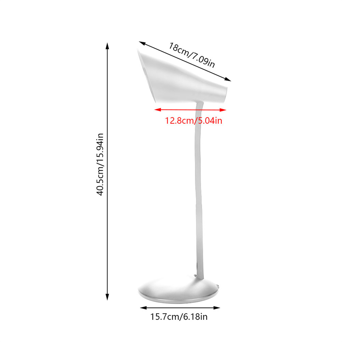Weiße Schreibtischlampe mit Abmessungen. Die Lampe ist schlank und hat eine gebogene Oberseite, mit Abmessungen in cm/Zoll angegeben.