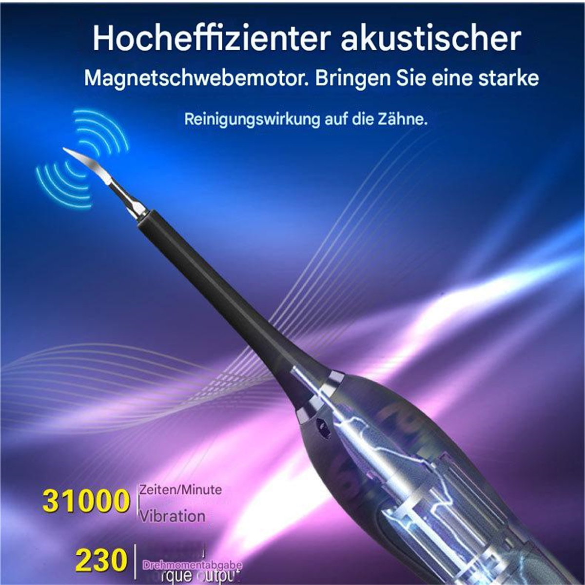 Zahnreinigungswerkzeug mit Vibration und Text über seine Funktionen.