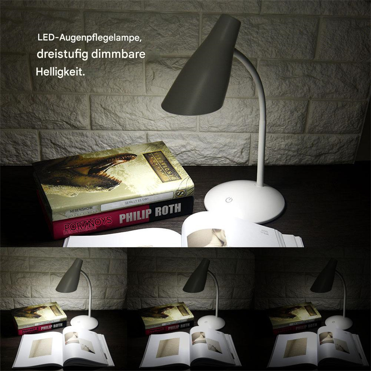 Eine Schreibtischlampe beleuchtet ein Buch, im Hintergrund eine Backsteinmauer. Die Helligkeit ist einstellbar.