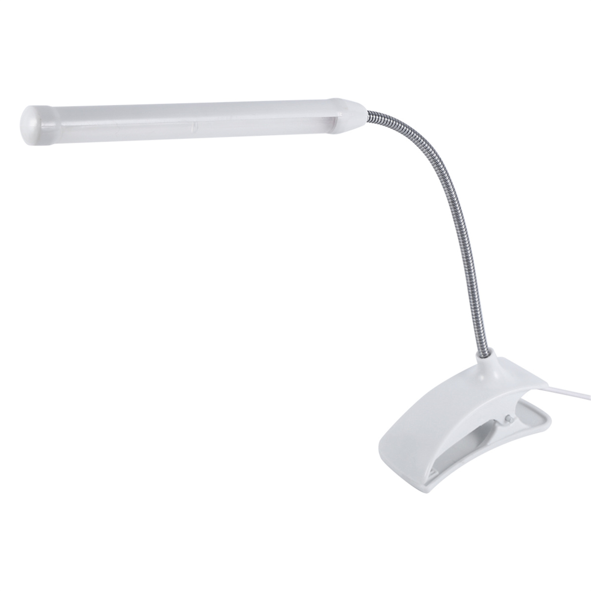 Eine weiße Schreibtischlampe mit flexiblem Hals und Clip-on-Sockel, vor weißem Hintergrund.