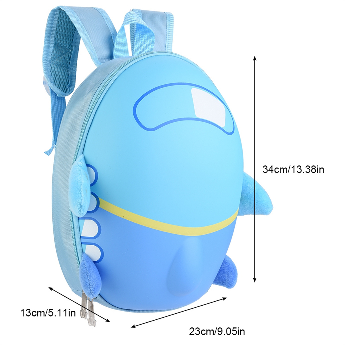 Blauer rucksackförmiger Rucksack mit Abmessungen. Er hat Flügel und einen Schwanz. Messungen sind auf dem Bild gezeigt.
