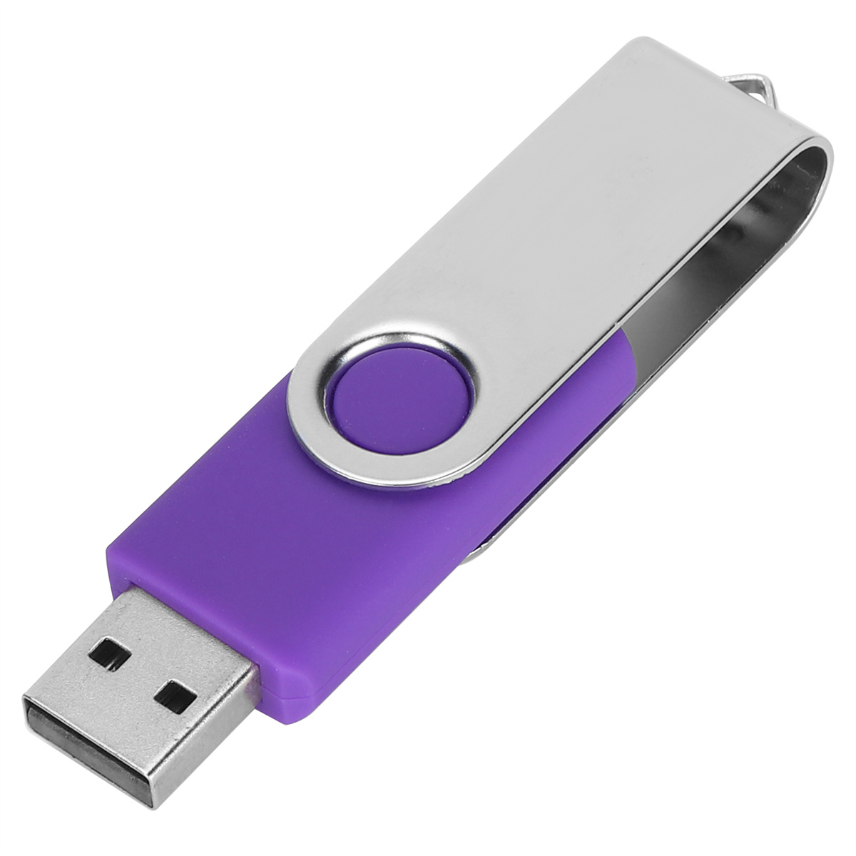 Lila und silberner USB-Stick mit metallischer Drehschutzhülle.