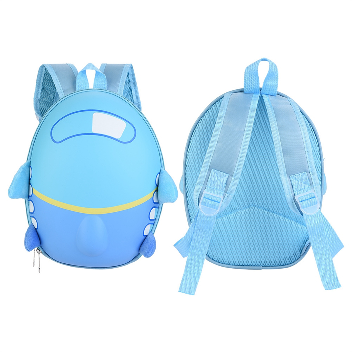 Ein blauer rucksack in Flugzeugform mit gelbem Streifen und zwei blauen Riemen auf der Rückseite.