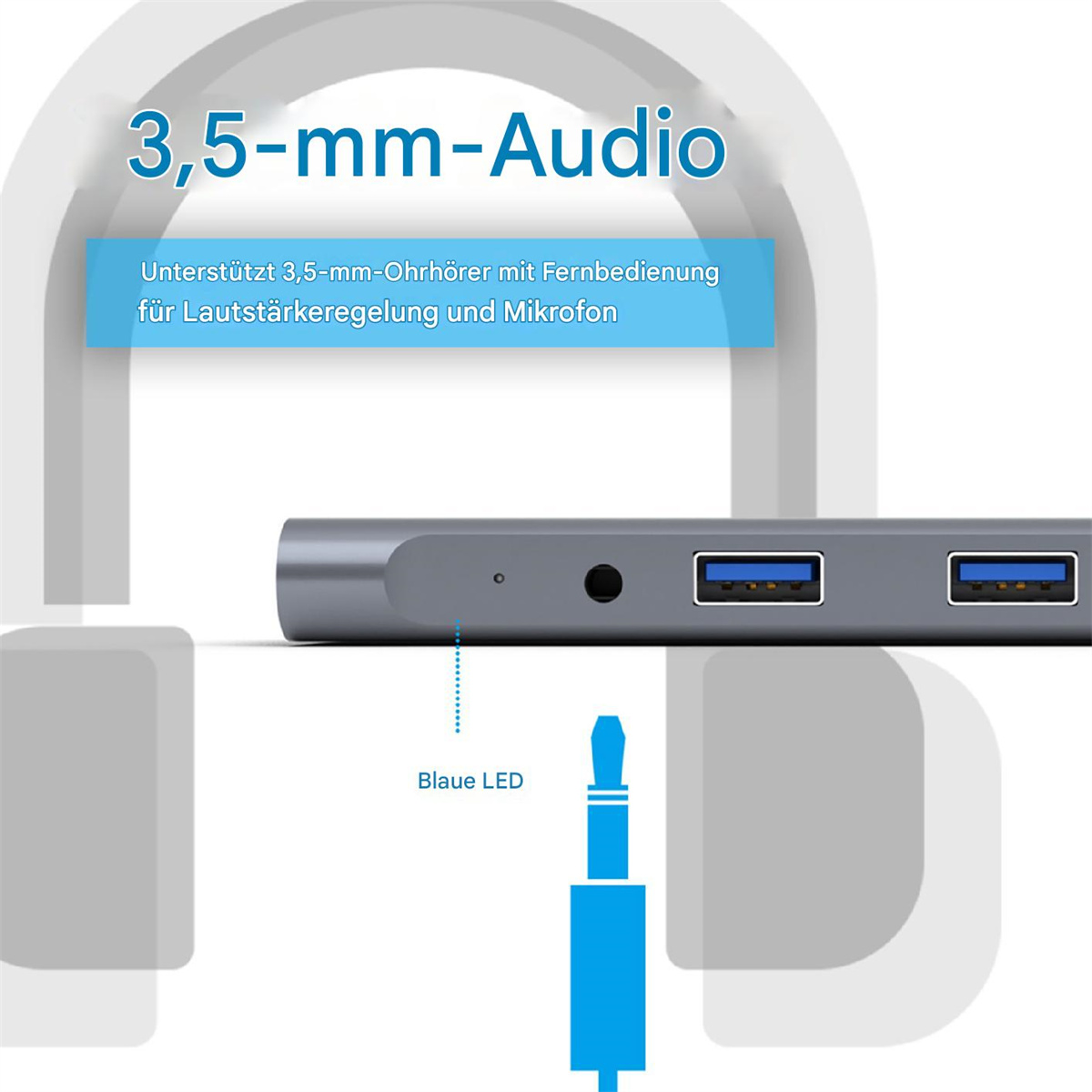Nahaufnahme eines USB-Hubs mit Audioanschluss, LED und 3,5-mm-Klinkenstecker.