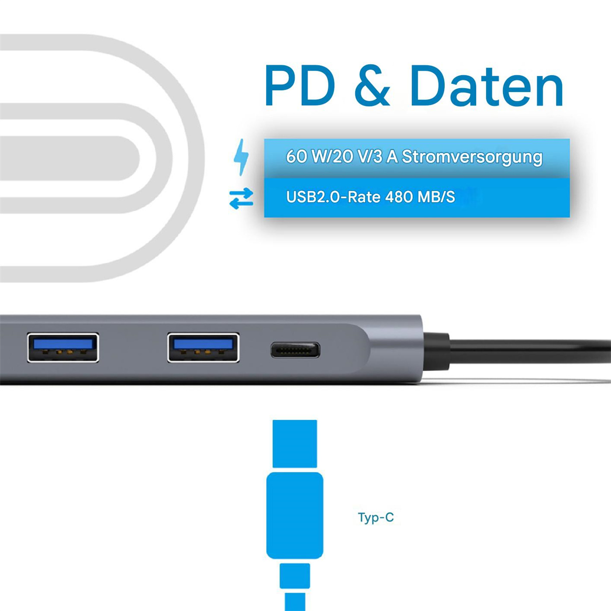 Ein Hub mit Anschlüssen und einem USB-C-Kabel. Text lautet PD & Daten.
