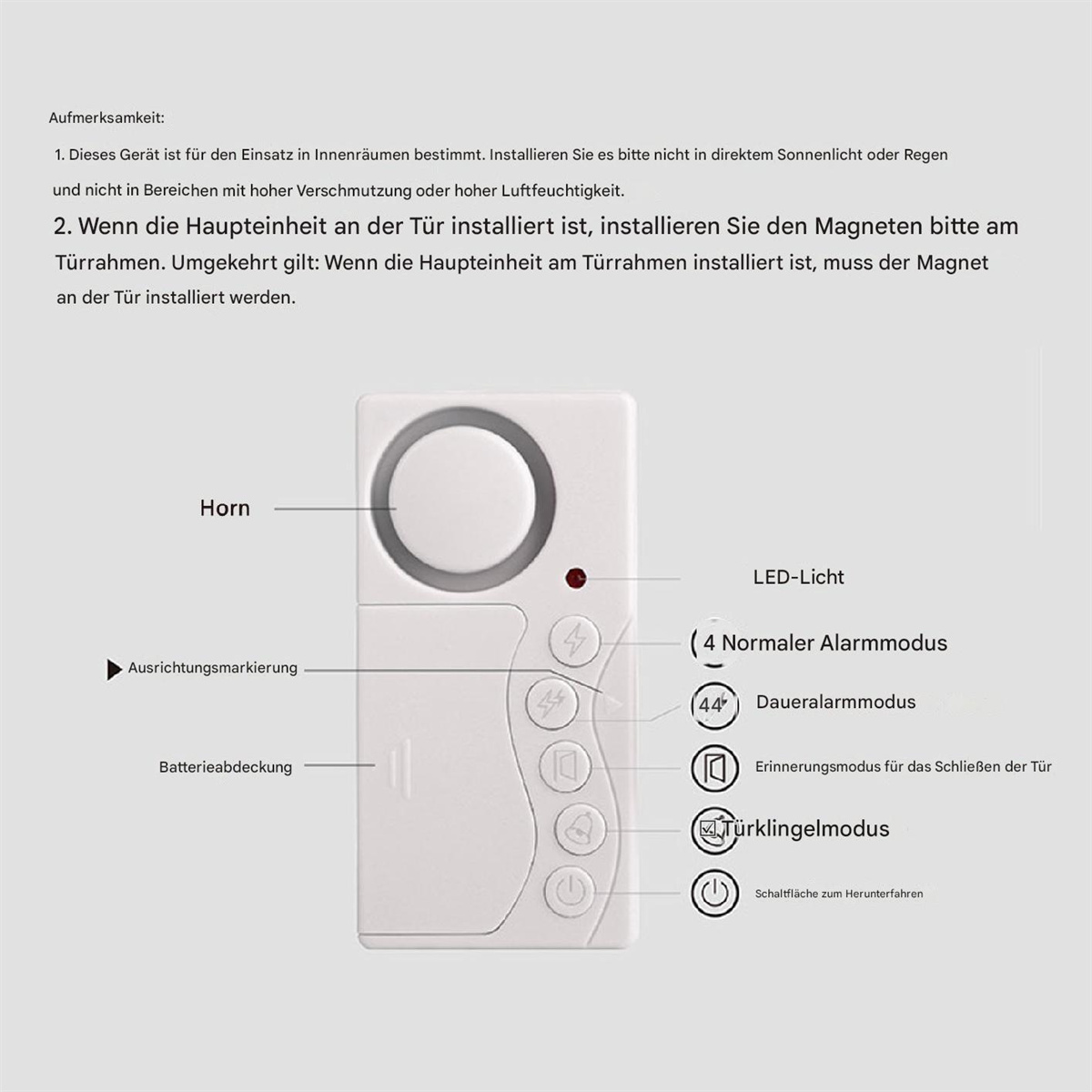 Weißes Alarmsystem mit Knöpfen und Etiketten. Enthält Horn, LED-Licht und Markierungen.