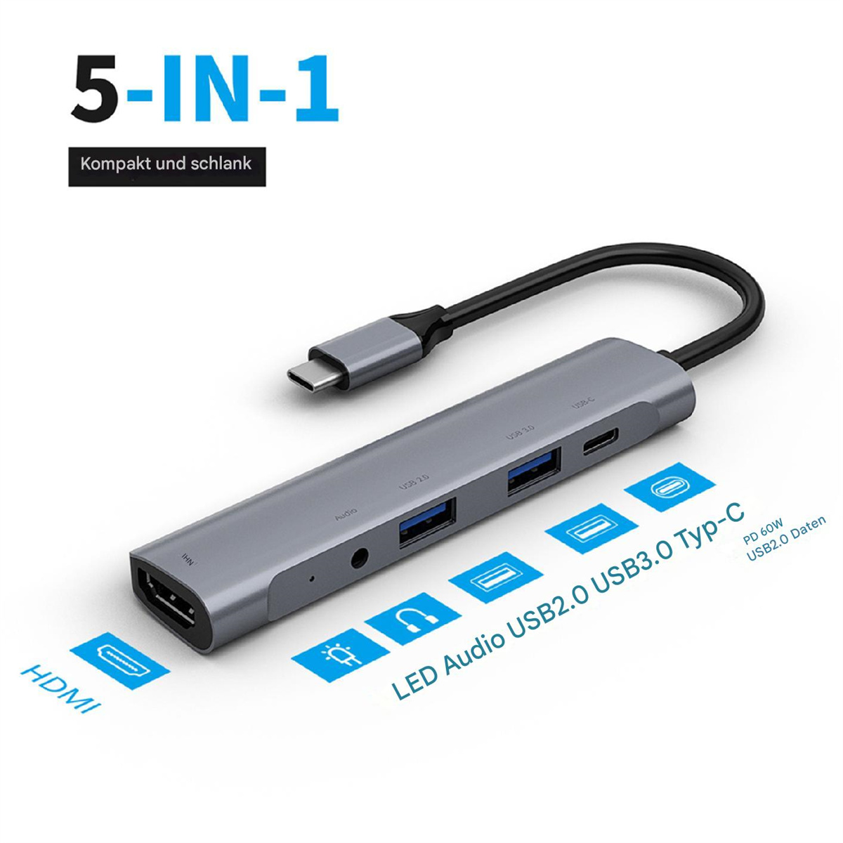 Ein grauer USB-Hub mit 5 Anschlüssen, einschließlich HDMI und USB 3.0, mit blauen Symbolen.