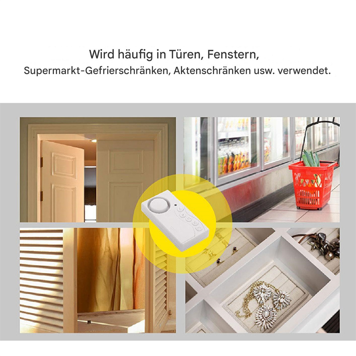 Collage eines Sicherheitsgeräts an verschiedenen Orten: Tür, Fenster, Schrank, Schmuckschatulle.