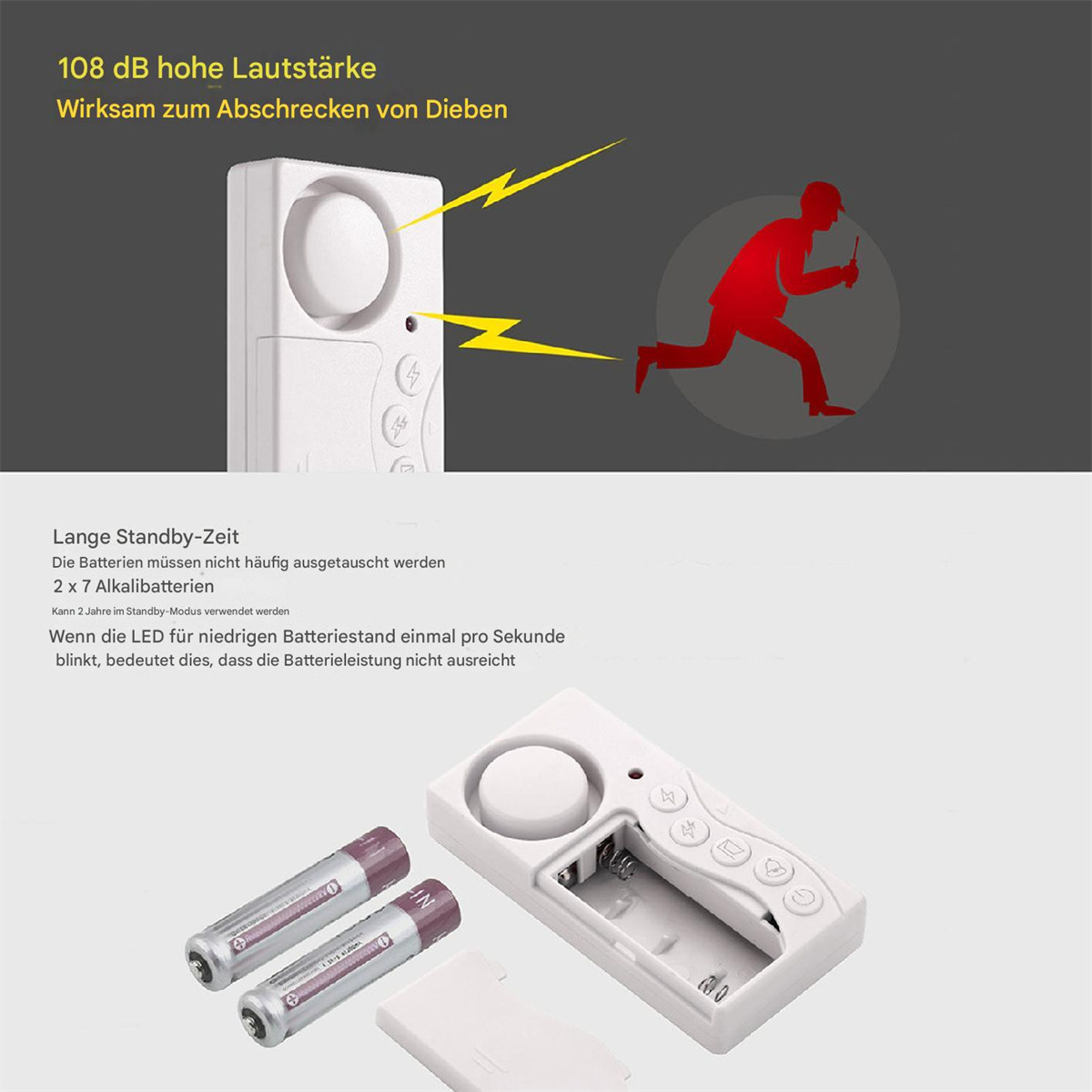 Weißes Alarmsystem mit roter Silhouette eines Einbrechers und Batterieinformationen.